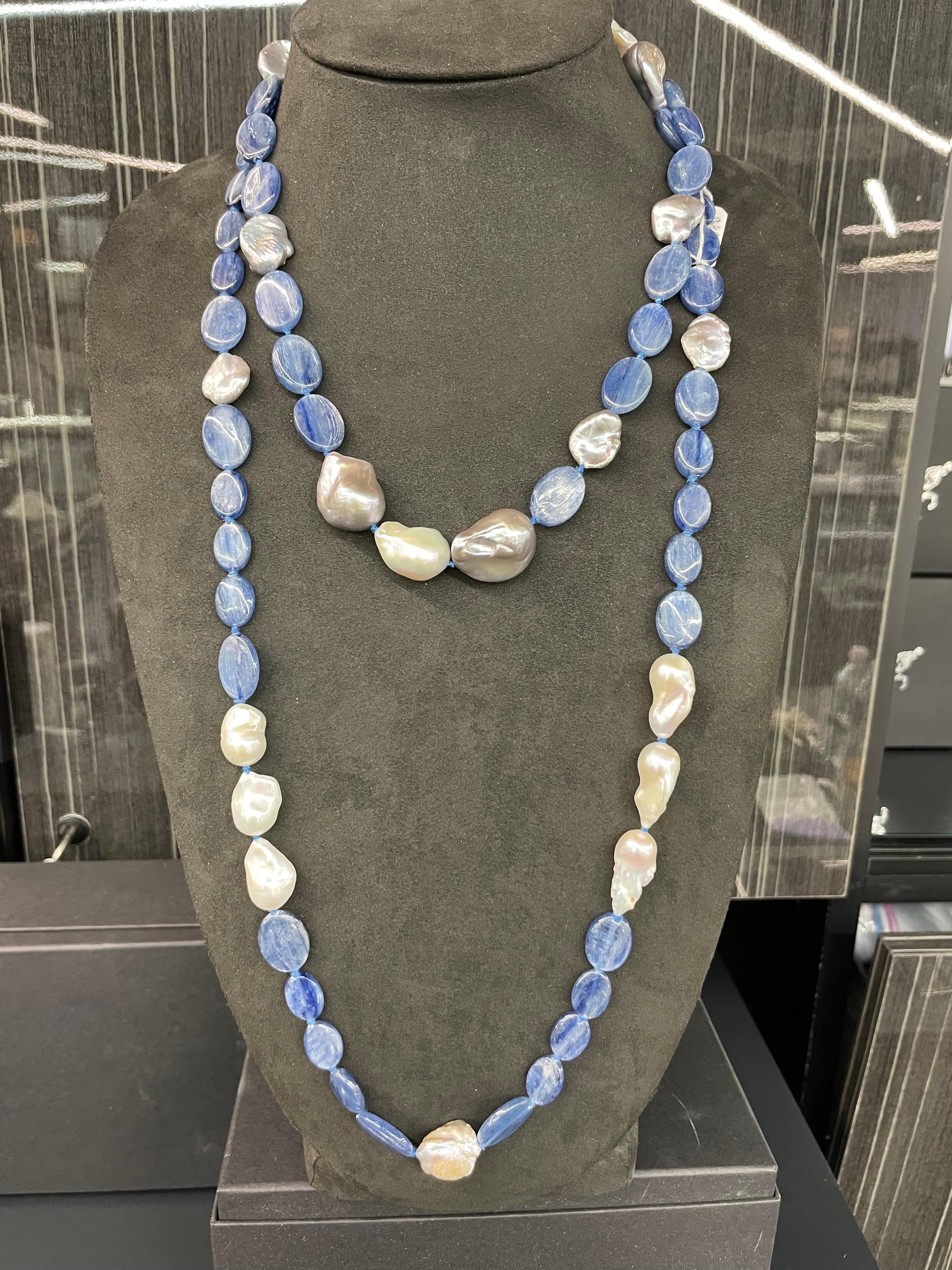 Round Cut Long Strand of Kyanite Keshi & Baroque Pearl Necklace 50 Inches For Sale