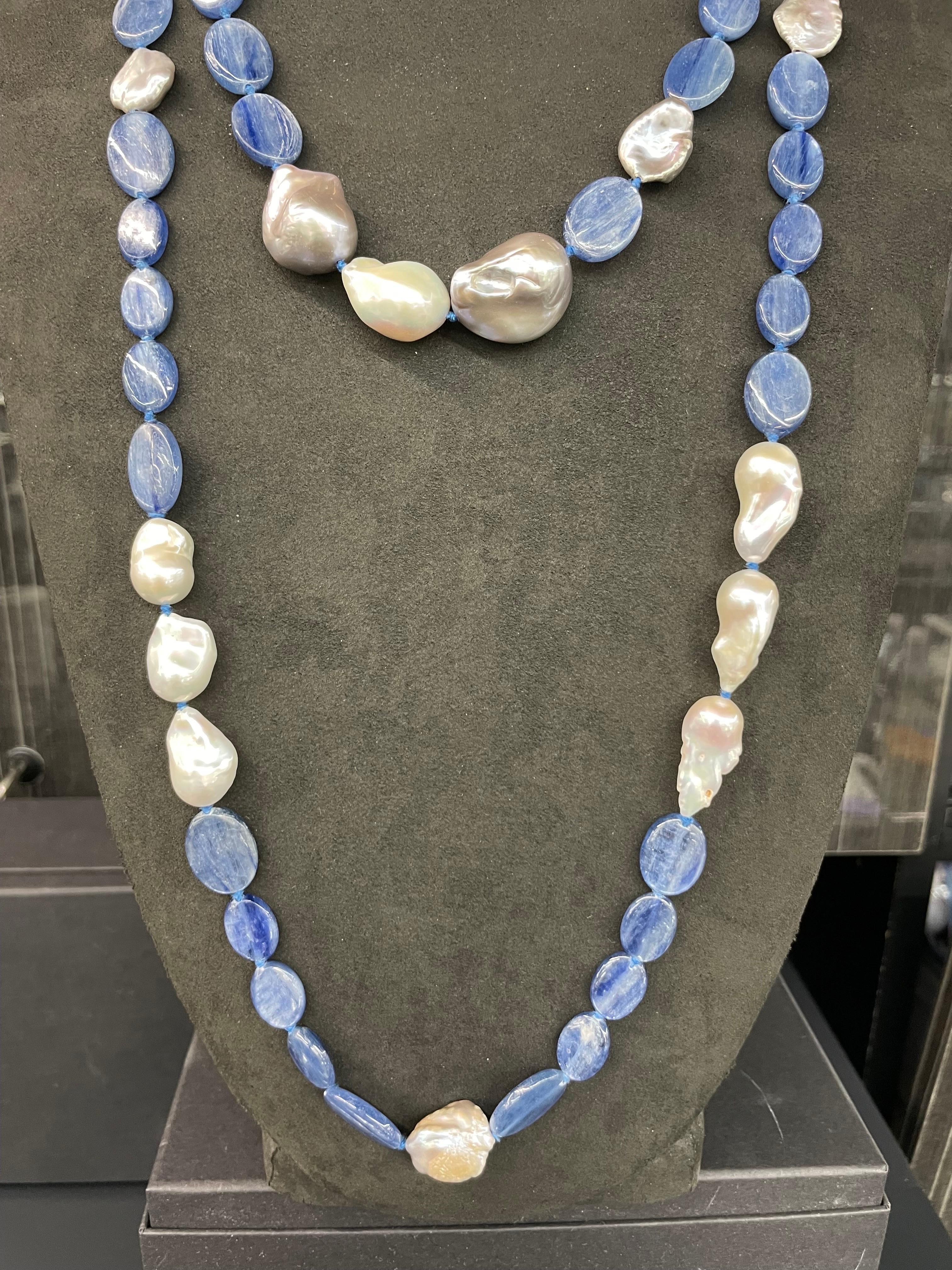 Long Strand of Kyanite Keshi & Baroque Pearl Necklace 50 Inches In New Condition For Sale In New York, NY