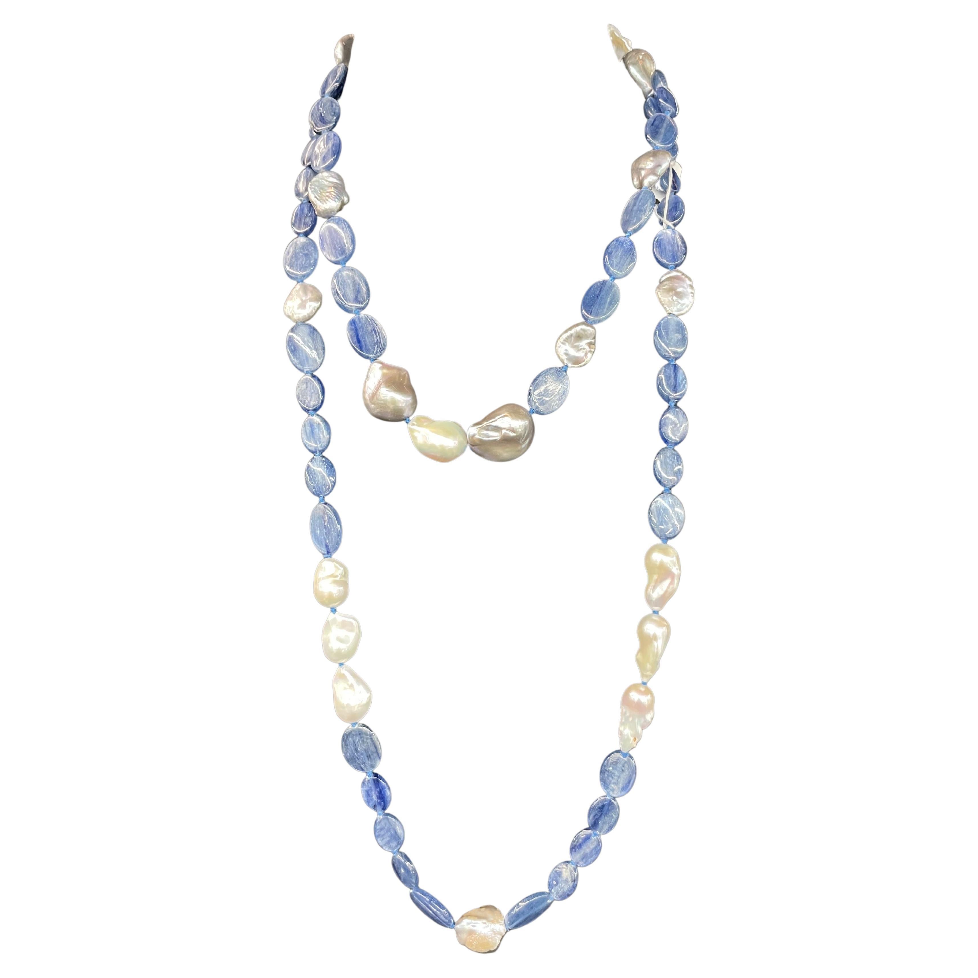 Long Strand of Kyanite Keshi & Baroque Pearl Necklace 50 Inches For Sale