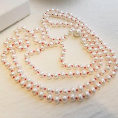 Long Strand White Pearl Necklace on Red Silk Thread, Sterling Silver Clasp