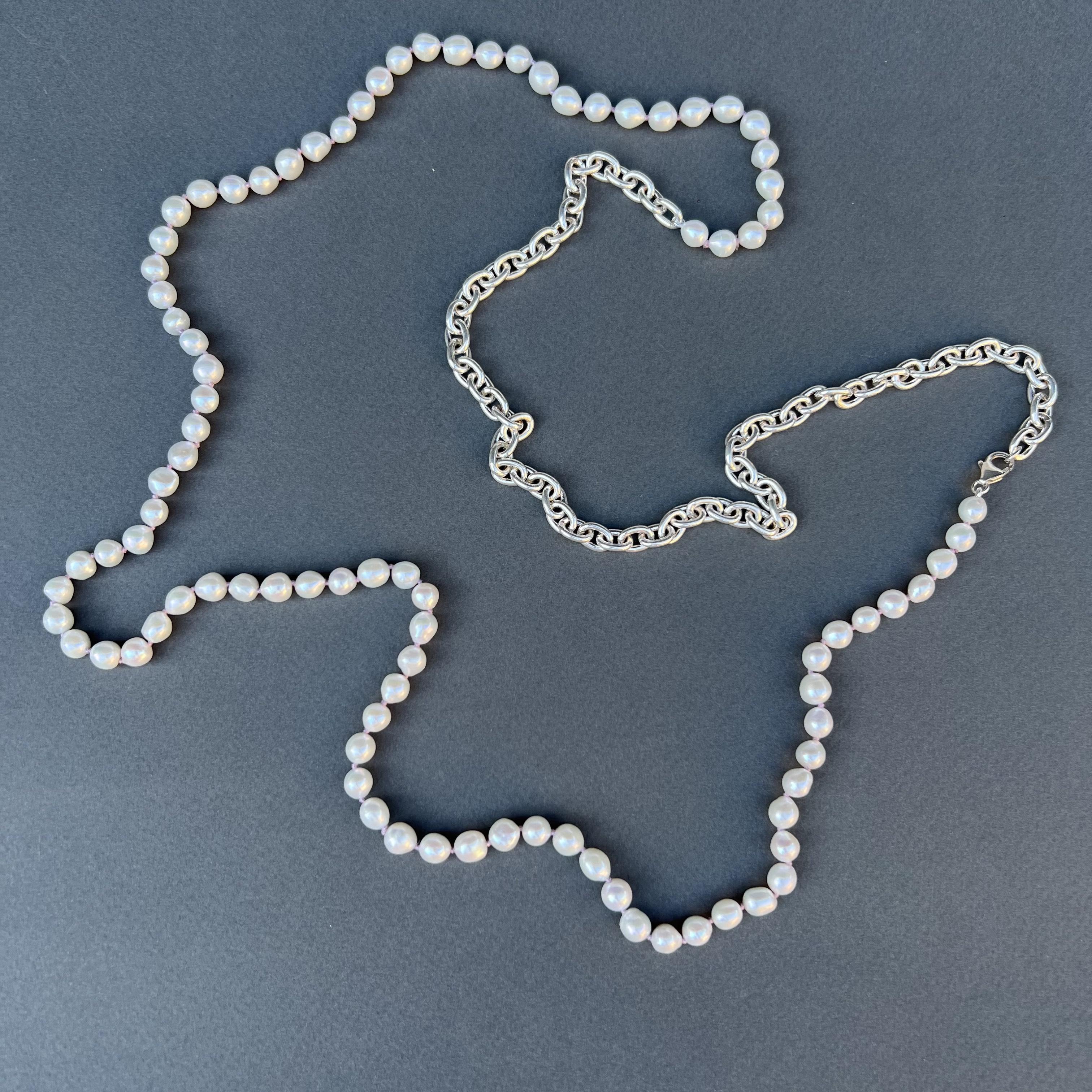 Long Strand White Pearl Silver Chunky Chain Necklace J Dauphin For Sale 1