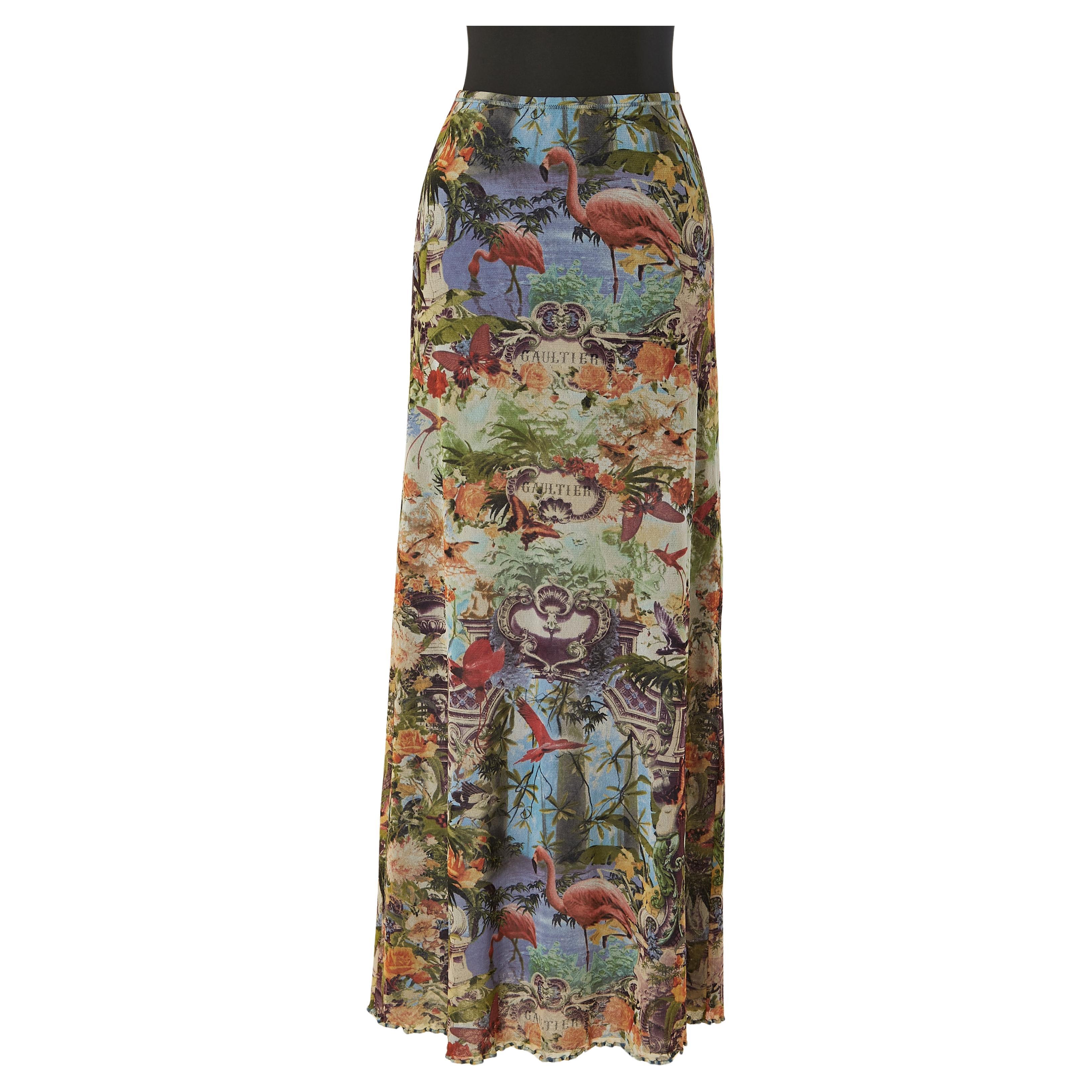 Longue jupe en tulle extensible à imprimé flamant rose JEAN-PAUL GAULTIER Soleil en vente