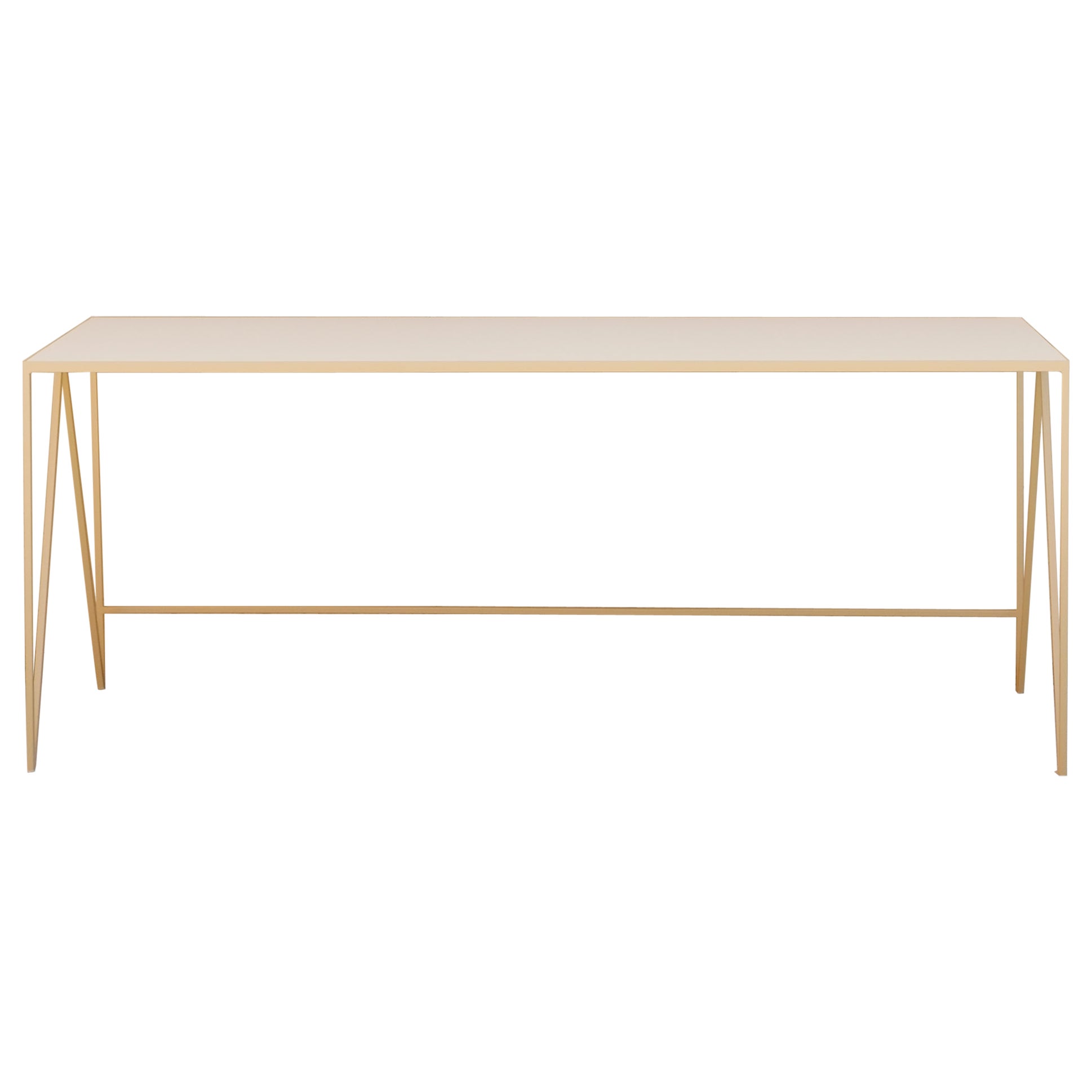 Scrivania da studio lunga / Tavolo consolle in linoleum beige e acciaio in vendita