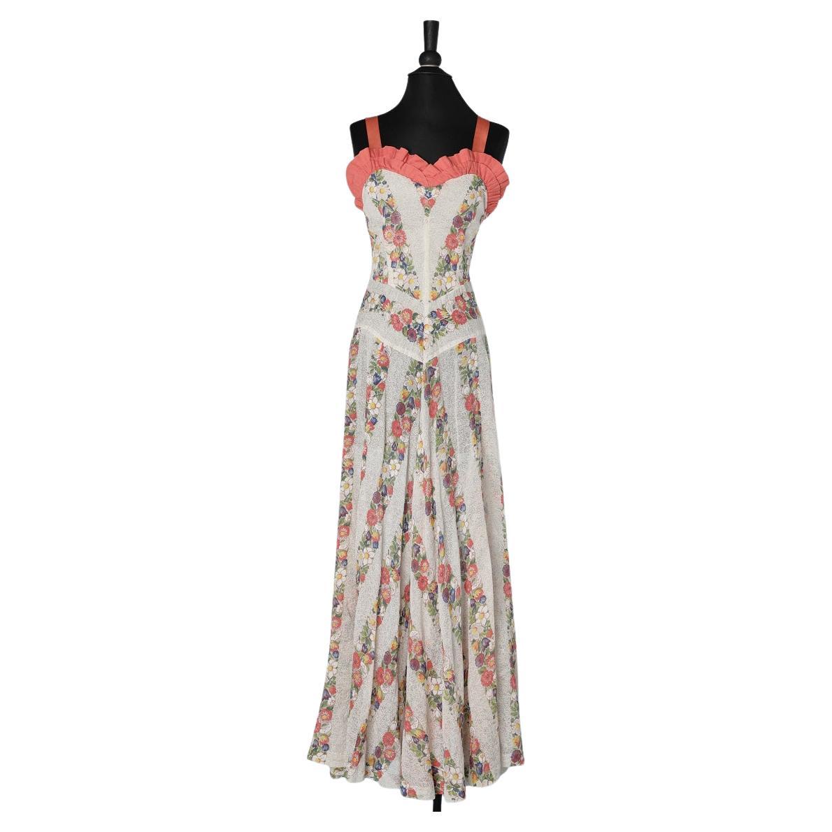 Long summer cocktail dress with flowers print and  ruffles Circa 1930/1940 For Sale