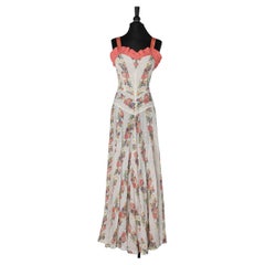 Vintage Long summer cocktail dress with flowers print and  ruffles Circa 1930/1940