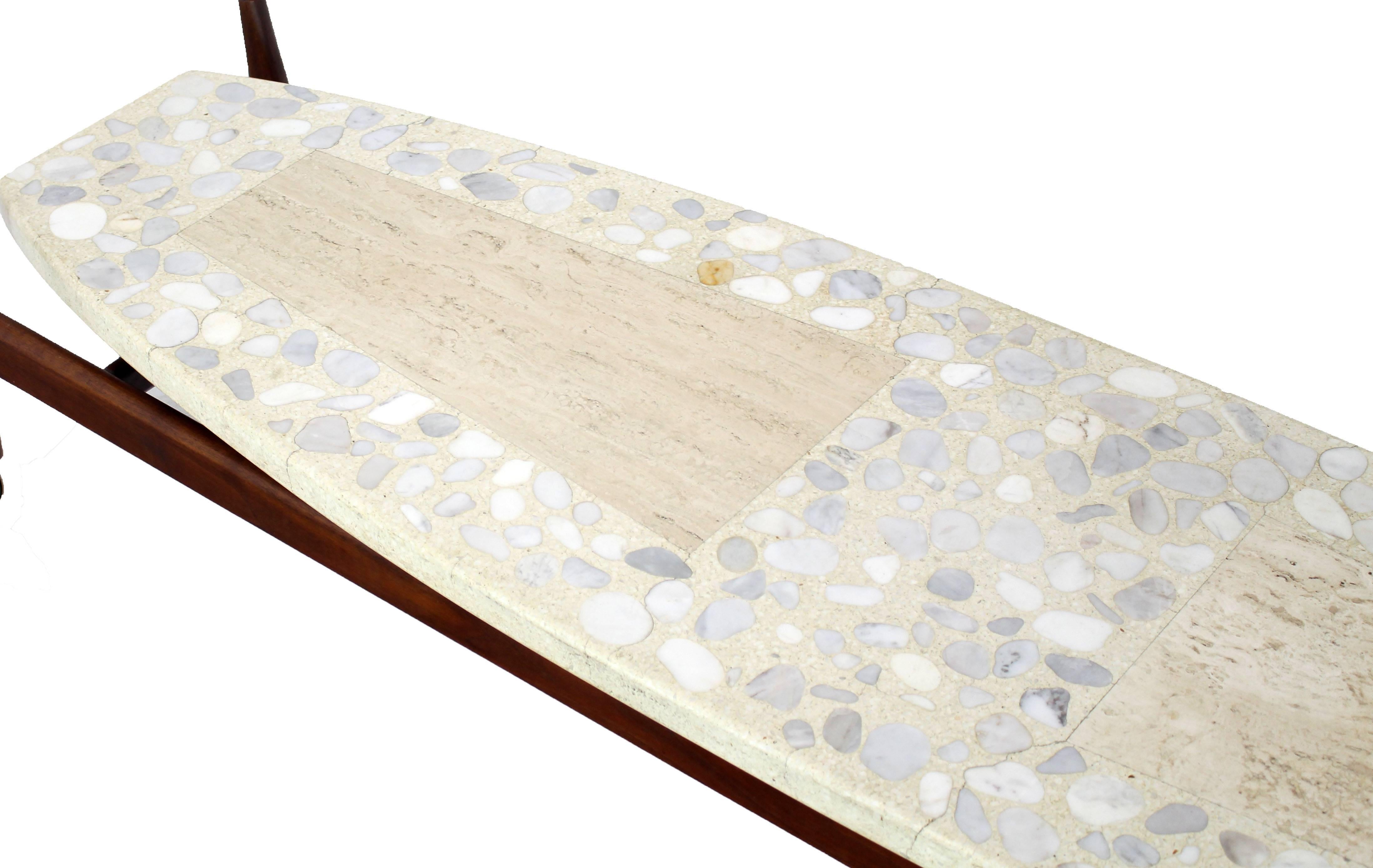 20th Century Long Surf Board Boat Shape Terrazzo Top Oiled Walnut Base Floating Top For Sale