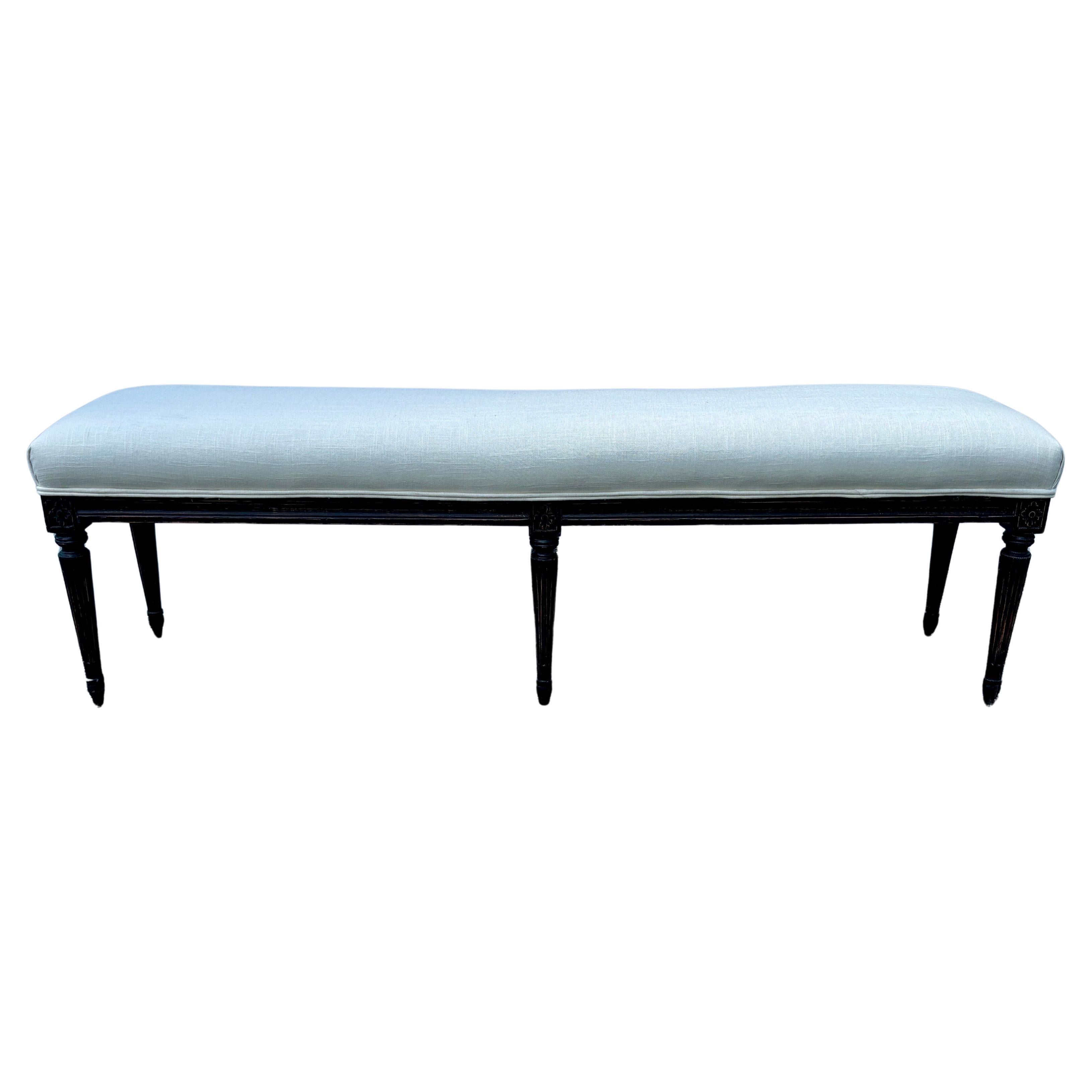 Long Swedish Gustavian Style Painted Black Upholstered Bench