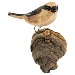 Antique Long-tailed Tit Vichtauer Carved Wood Bird, Black Forest Folk Art Austria 1920s