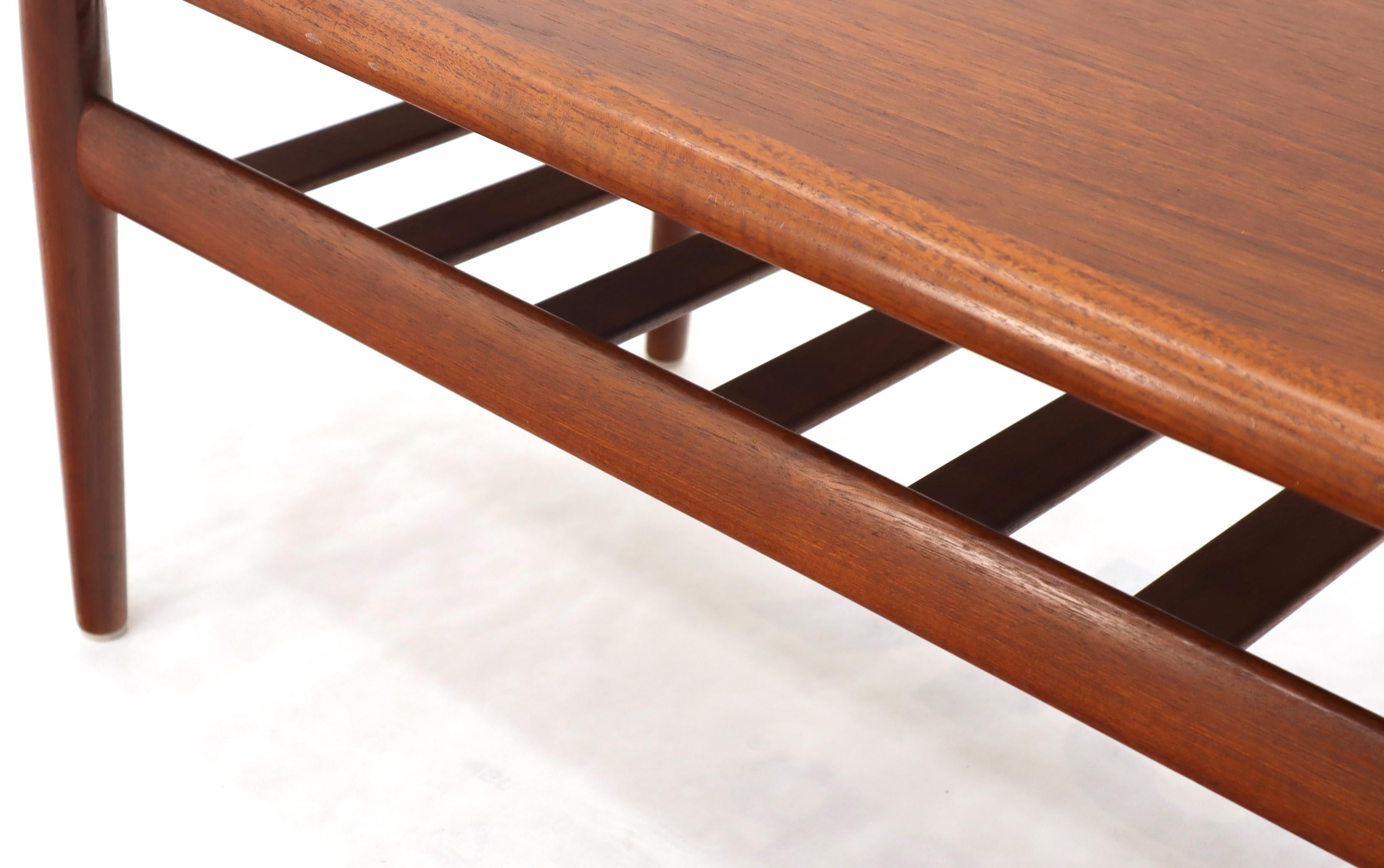 Long Teak Danish Mid-Century Modern Coffee Table with Magazine Rack Shelf In Excellent Condition In Rockaway, NJ