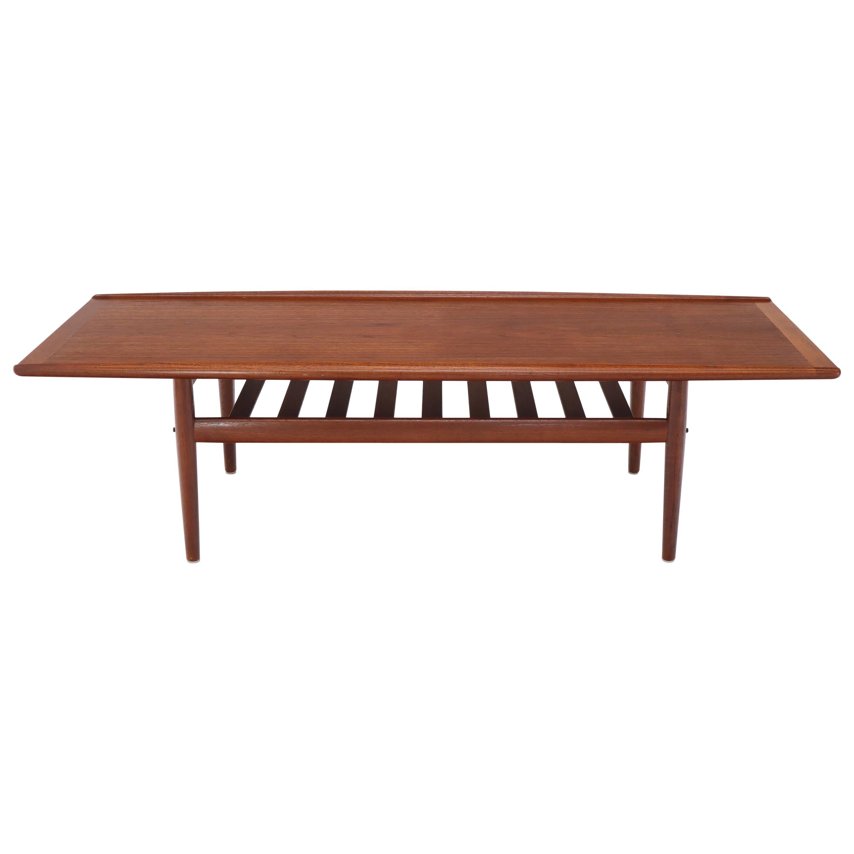 Long Teak Danish Mid-Century Modern Coffee Table with Magazine Rack Shelf