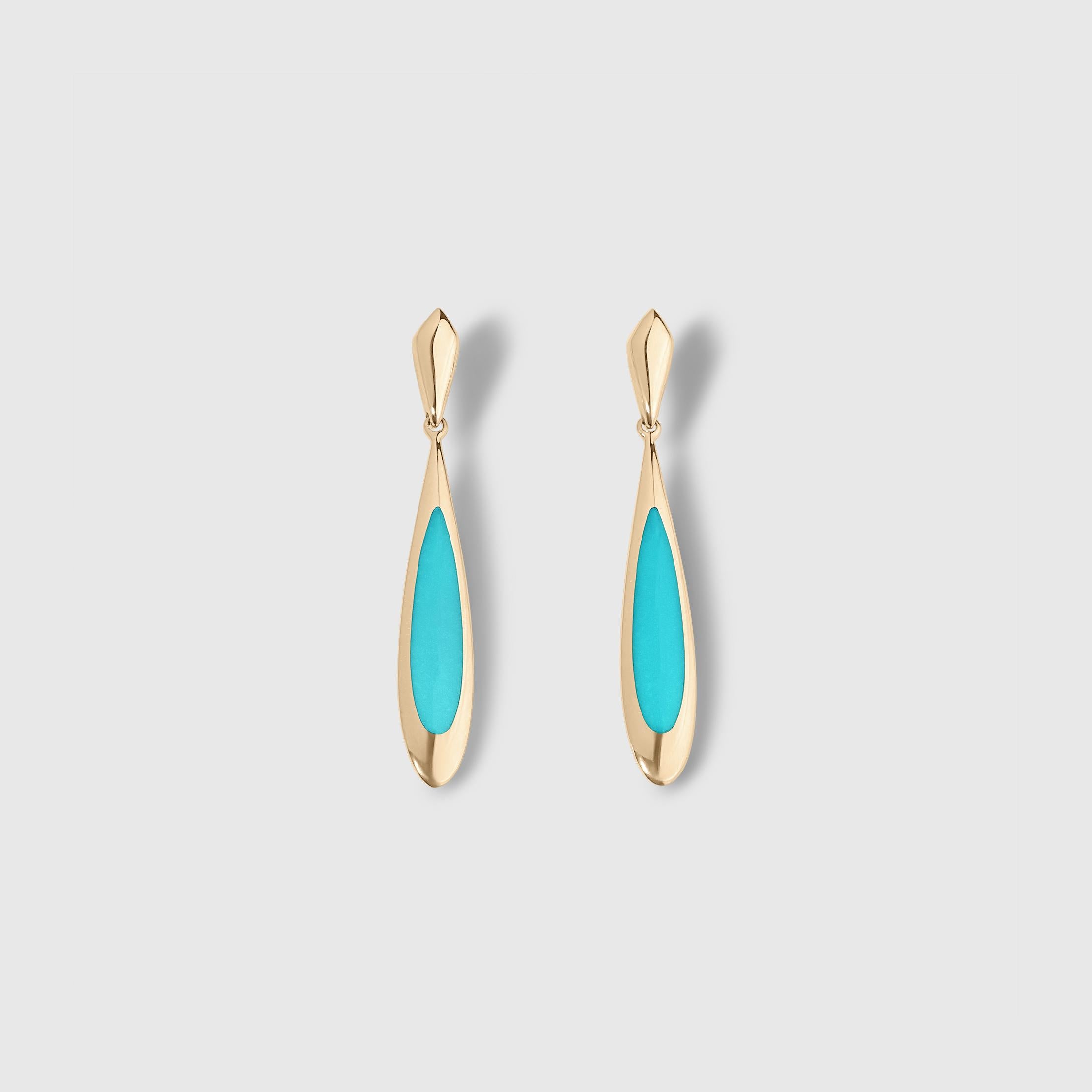 Long Tear-Drop Post Earrings with Sleeping Beauty Turquoise Inlay, 1 1/2