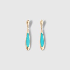 Long Tear-Drop Post Earrings with Sleeping Beauty Turquoise Inlay, 14kt Gold