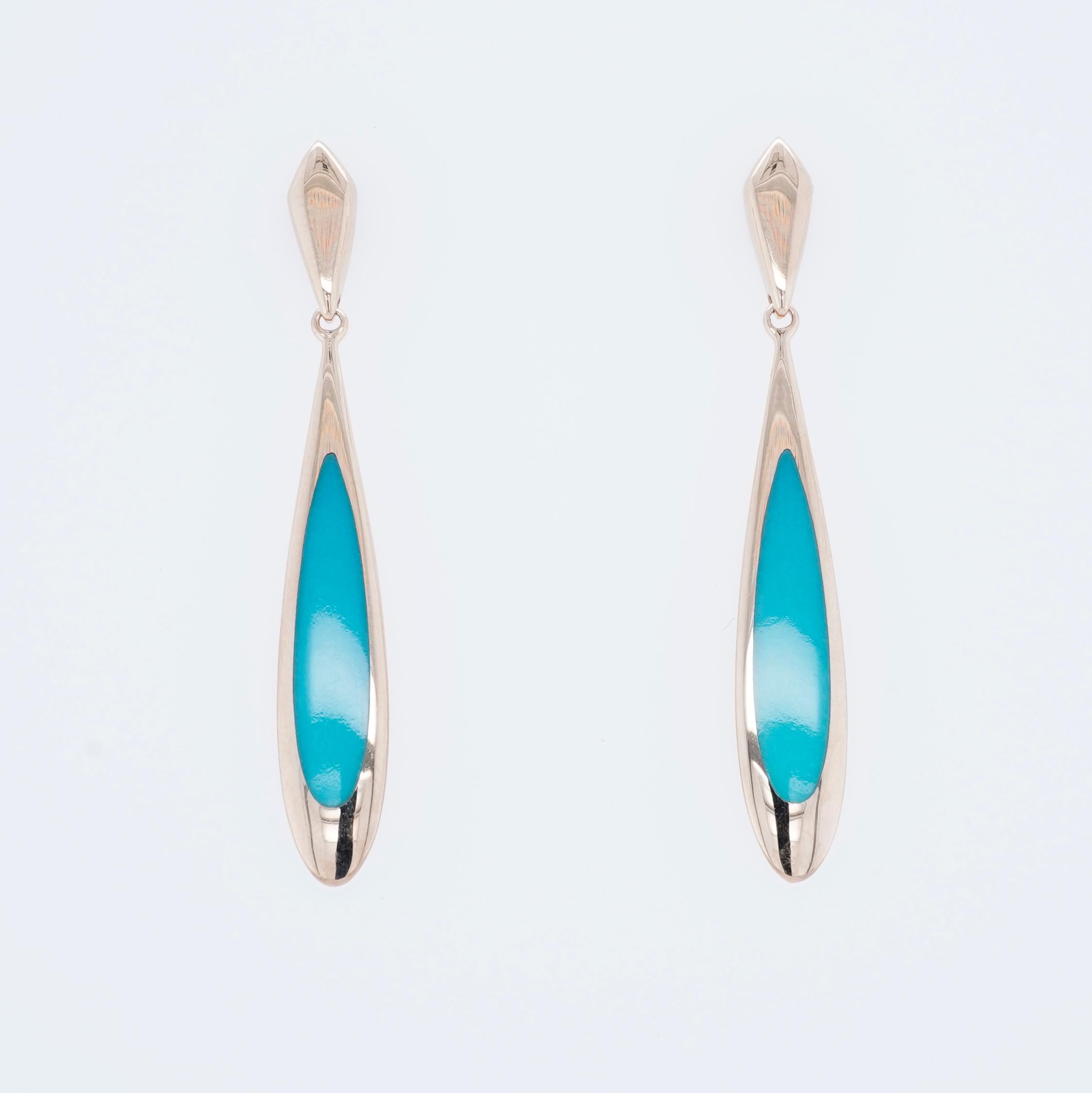 Contemporary Long Tear-Drop Post Earrings with Sleeping Beauty Turquoise Inlay For Sale