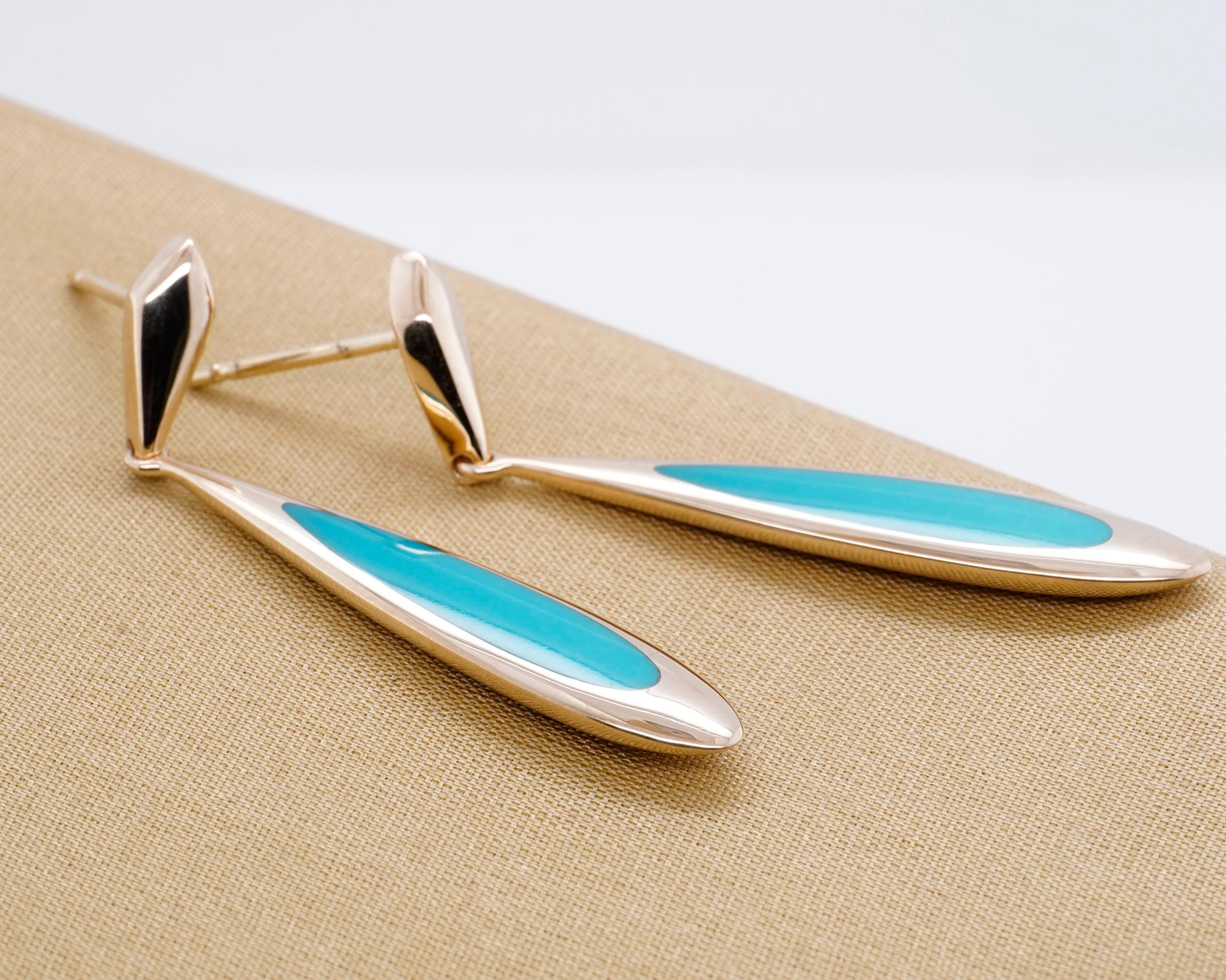 Cabochon Long Tear-Drop Post Earrings with Sleeping Beauty Turquoise Inlay For Sale