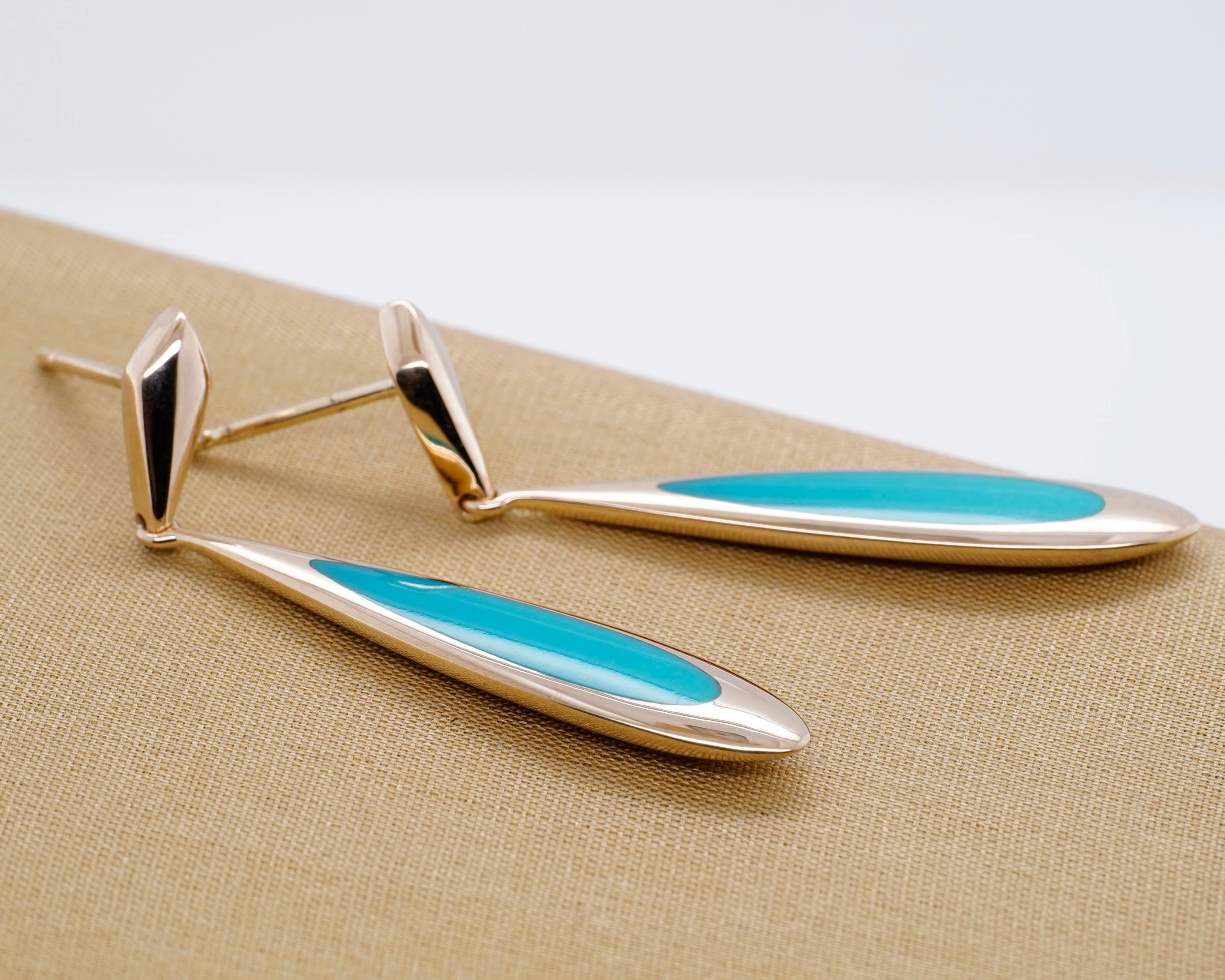 Long Tear-Drop Post Earrings with Sleeping Beauty Turquoise Inlay In New Condition For Sale In Bozeman, MT