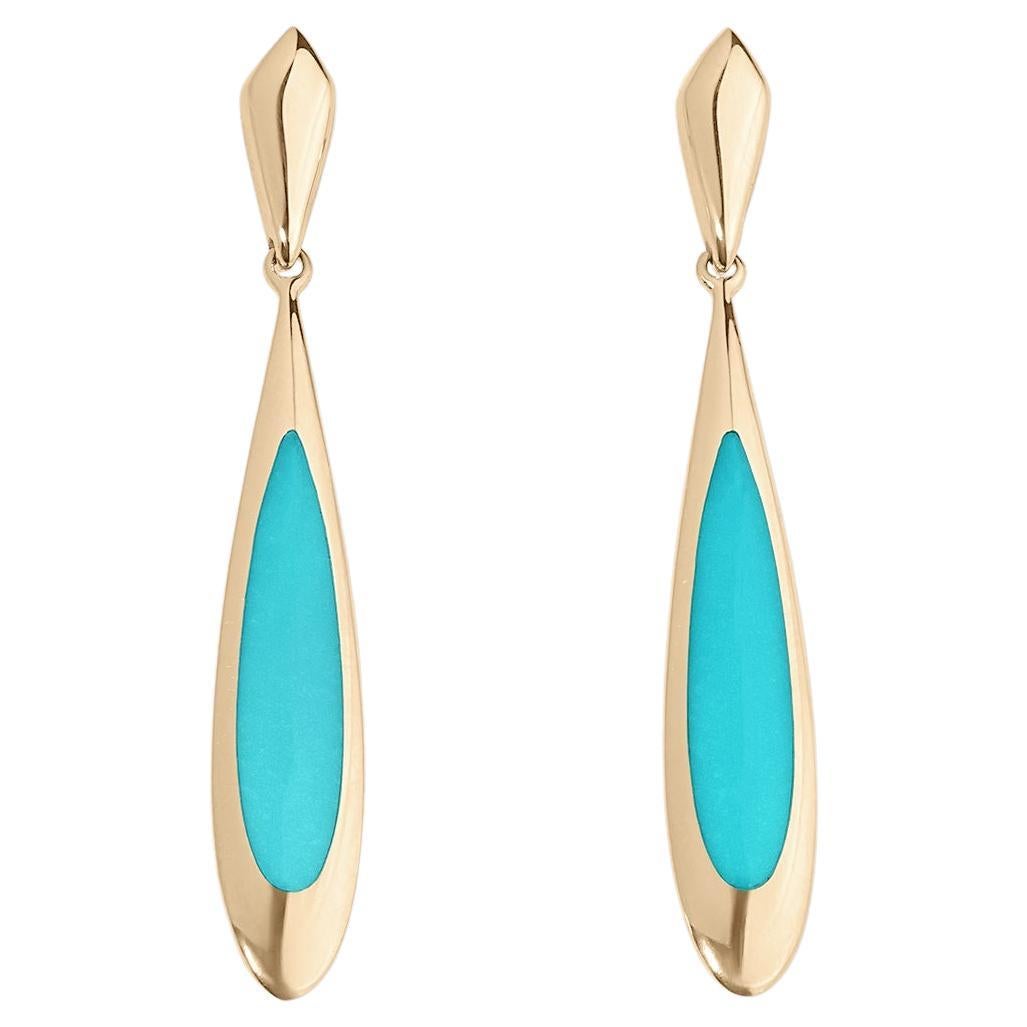 Long Tear-Drop Post Earrings with Sleeping Beauty Turquoise Inlay For Sale