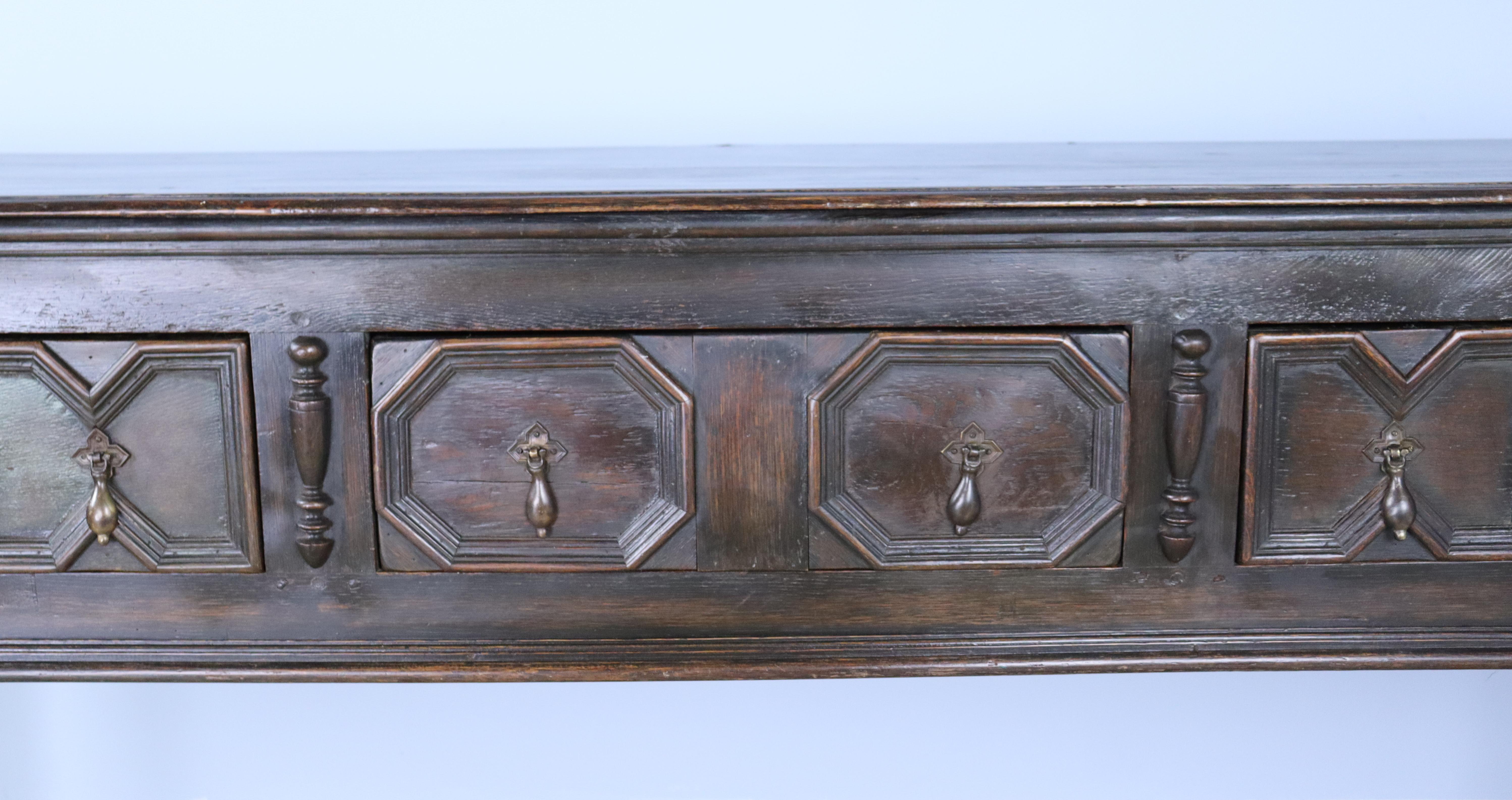 19th Century Long Three Drawer Country Oak Server, Geometric Moulded Front For Sale