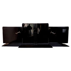 Antique Long Three Meter French Art Deco Sideboard in High Gloss Black Piano Lacquer