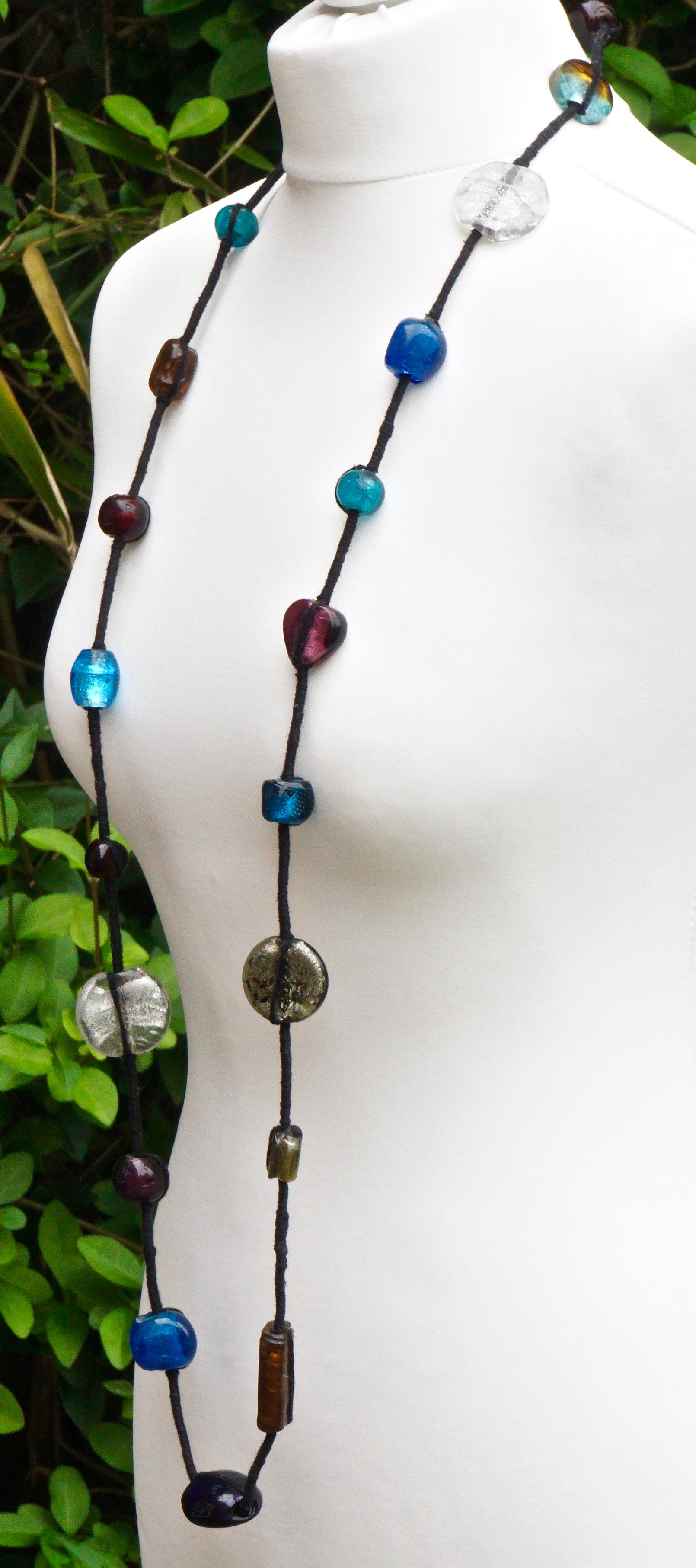 Long Tibetan Hand Made Foiled Art Glass Beads and Black Thread Necklace In Good Condition For Sale In London, GB