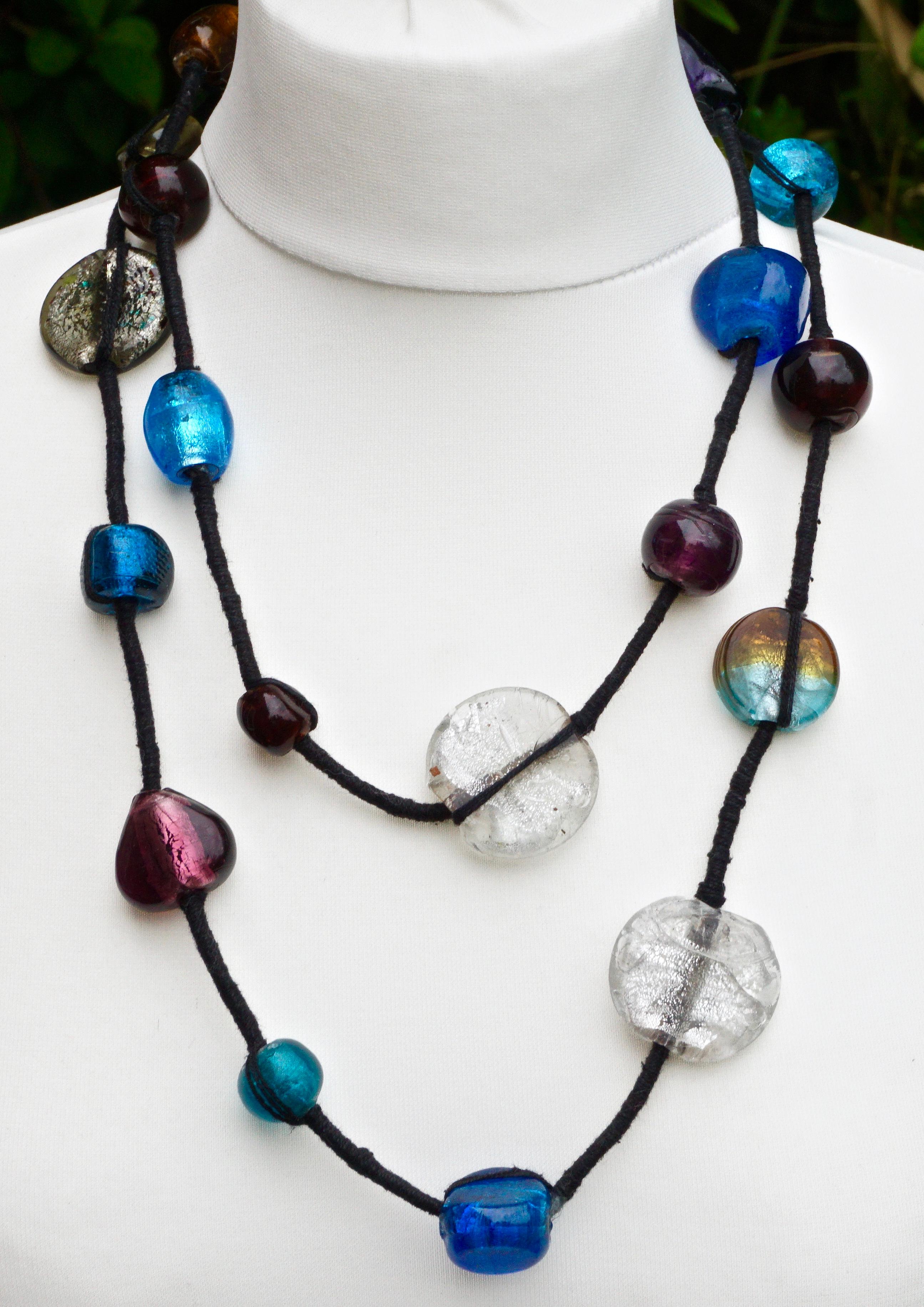 Women's or Men's Long Tibetan Hand Made Foiled Art Glass Beads and Black Thread Necklace For Sale