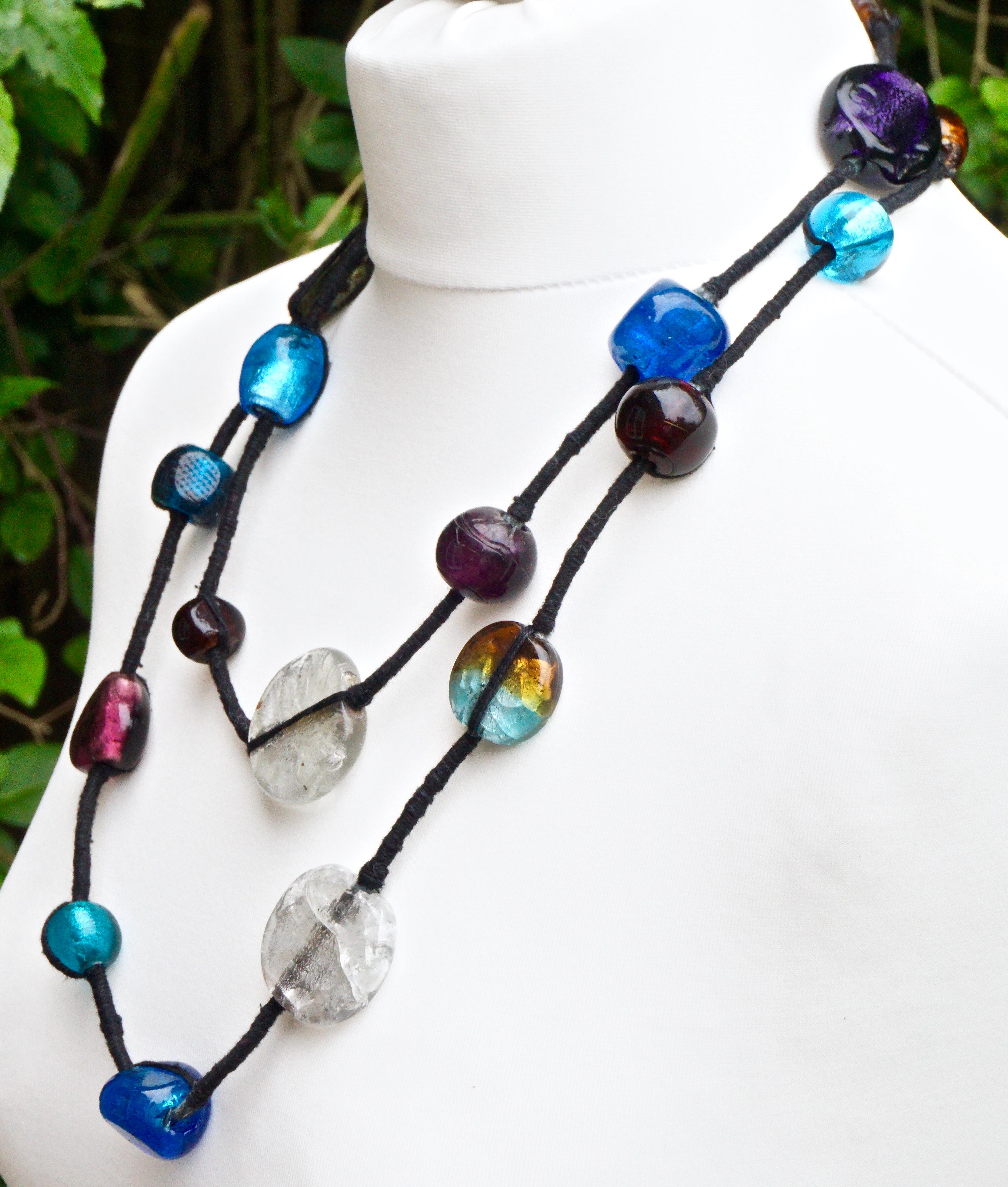 Long Tibetan Hand Made Foiled Art Glass Beads and Black Thread Necklace For Sale 1