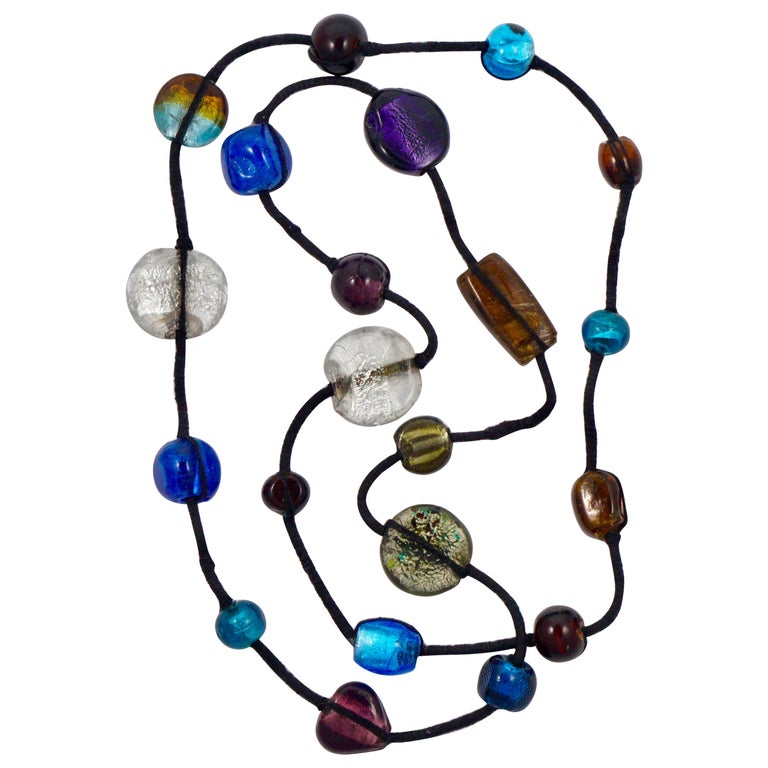 Long Tibetan Hand Made Foiled Art Glass Beads and Black Thread Necklace