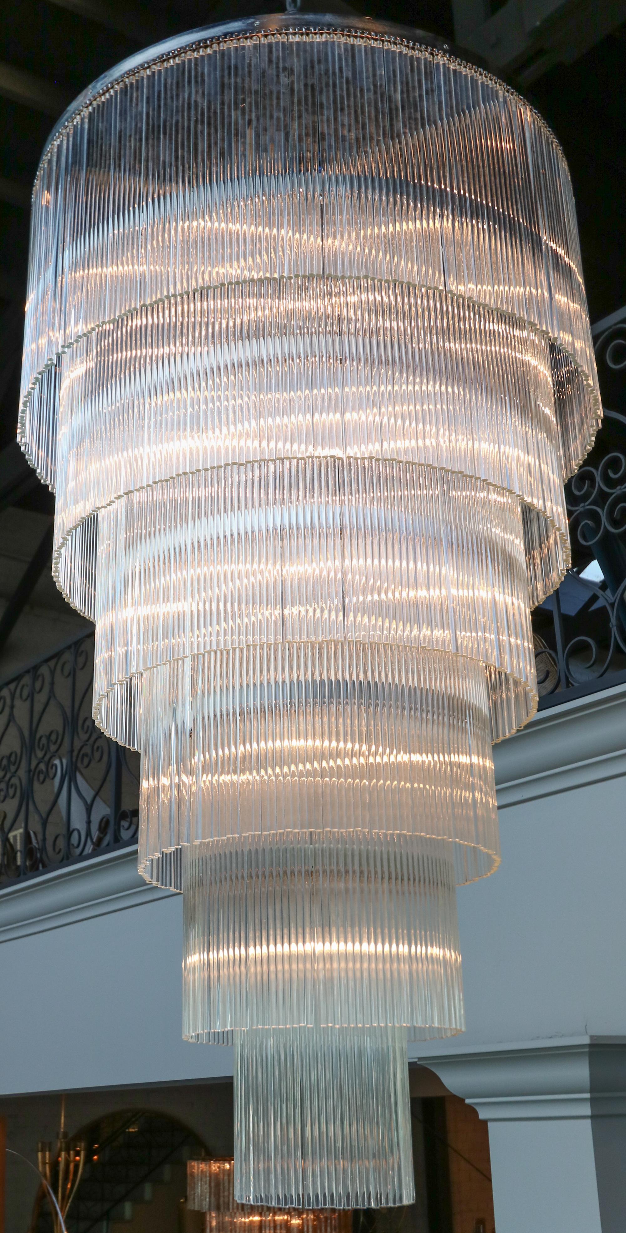 Long Tiered Glass Rod Chandelier with Chrome Frame In New Condition For Sale In Los Angeles, CA