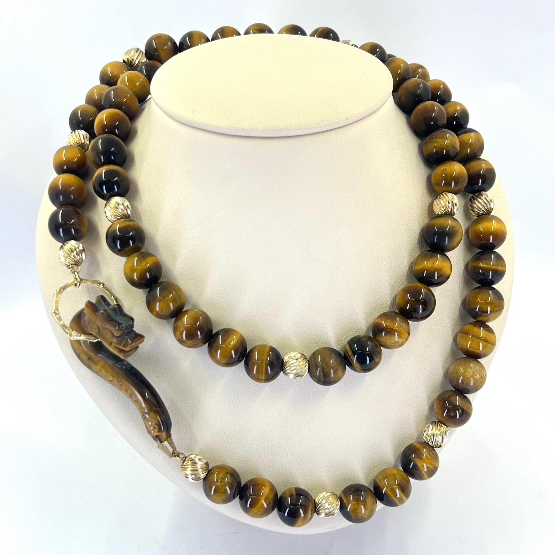 Long Tiger Eye Bead Necklace with Dragon Clasp In Good Condition For Sale In Coral Gables, FL