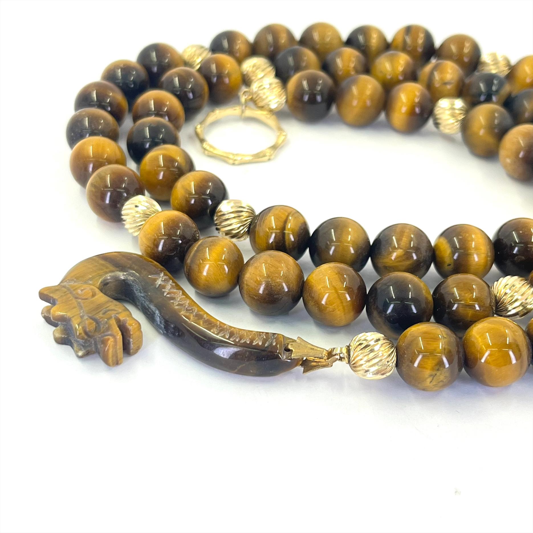 Women's or Men's Long Tiger Eye Bead Necklace with Dragon Clasp For Sale