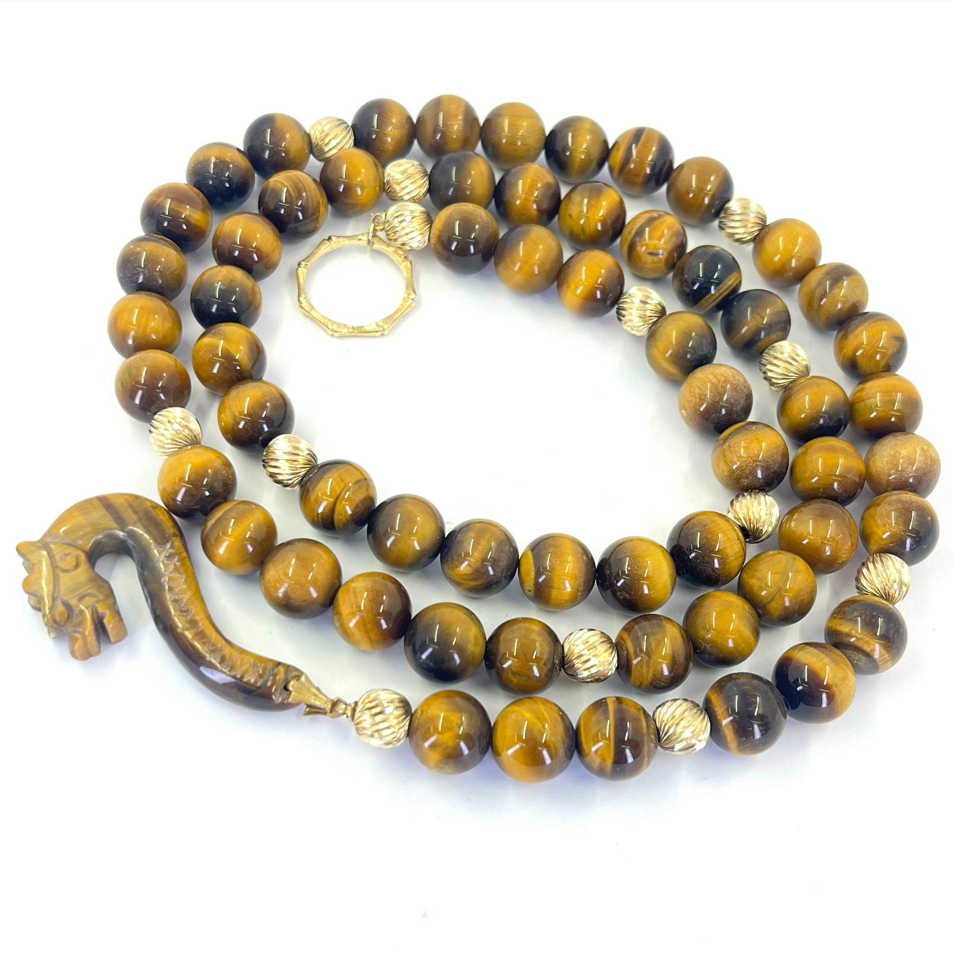 Long Tiger Eye Bead Necklace with Dragon Clasp For Sale 1
