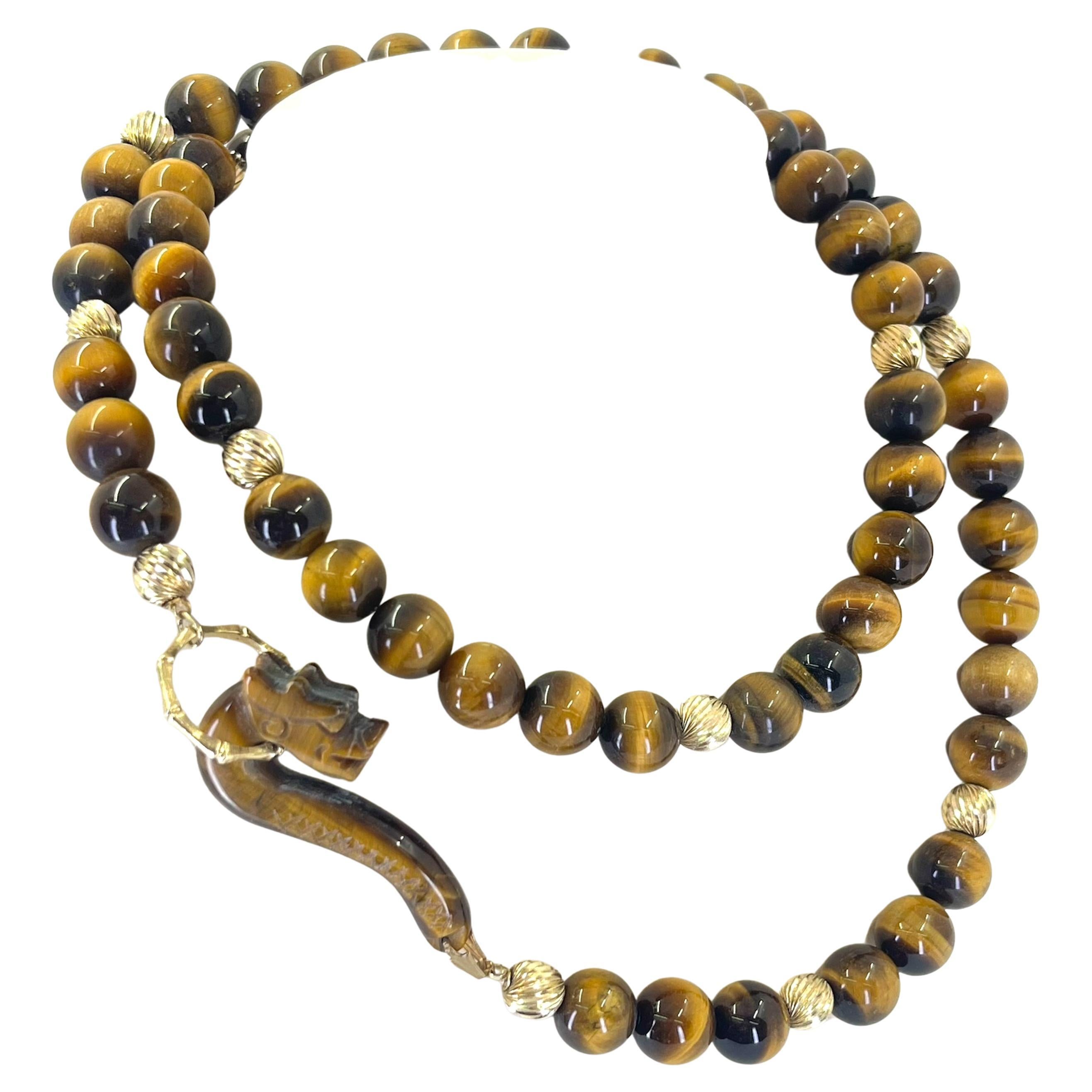 Long Tiger Eye Bead Necklace with Dragon Clasp