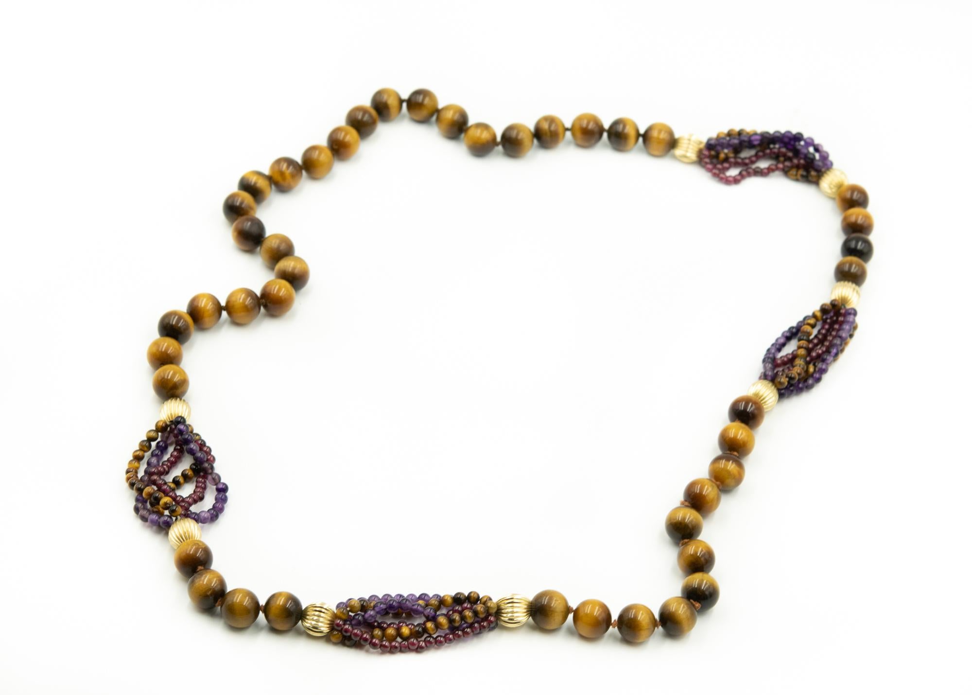 Women's or Men's Long Tiger's Eye Amethyst and Garnet Bead Necklace with Gold Filled Ribbed Beads For Sale