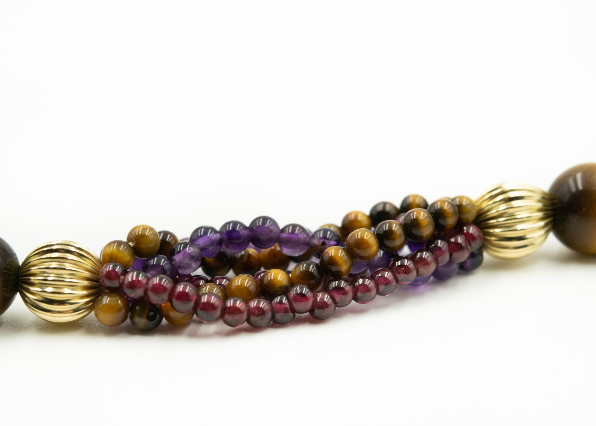 Long Tiger's Eye Amethyst and Garnet Bead Necklace with Gold Filled Ribbed Beads For Sale 1