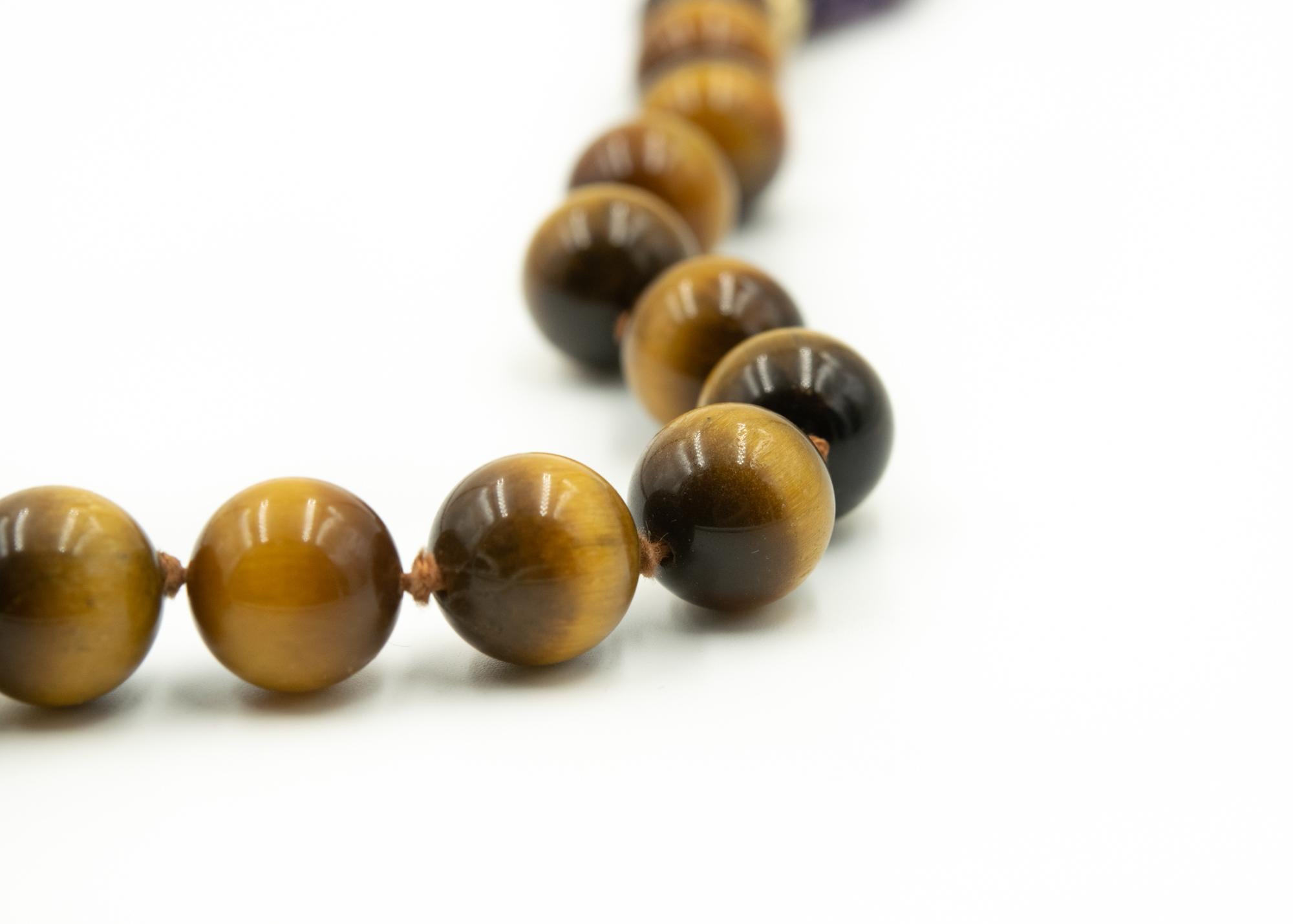 Long Tiger's Eye Amethyst and Garnet Bead Necklace with Gold Filled Ribbed Beads For Sale 2