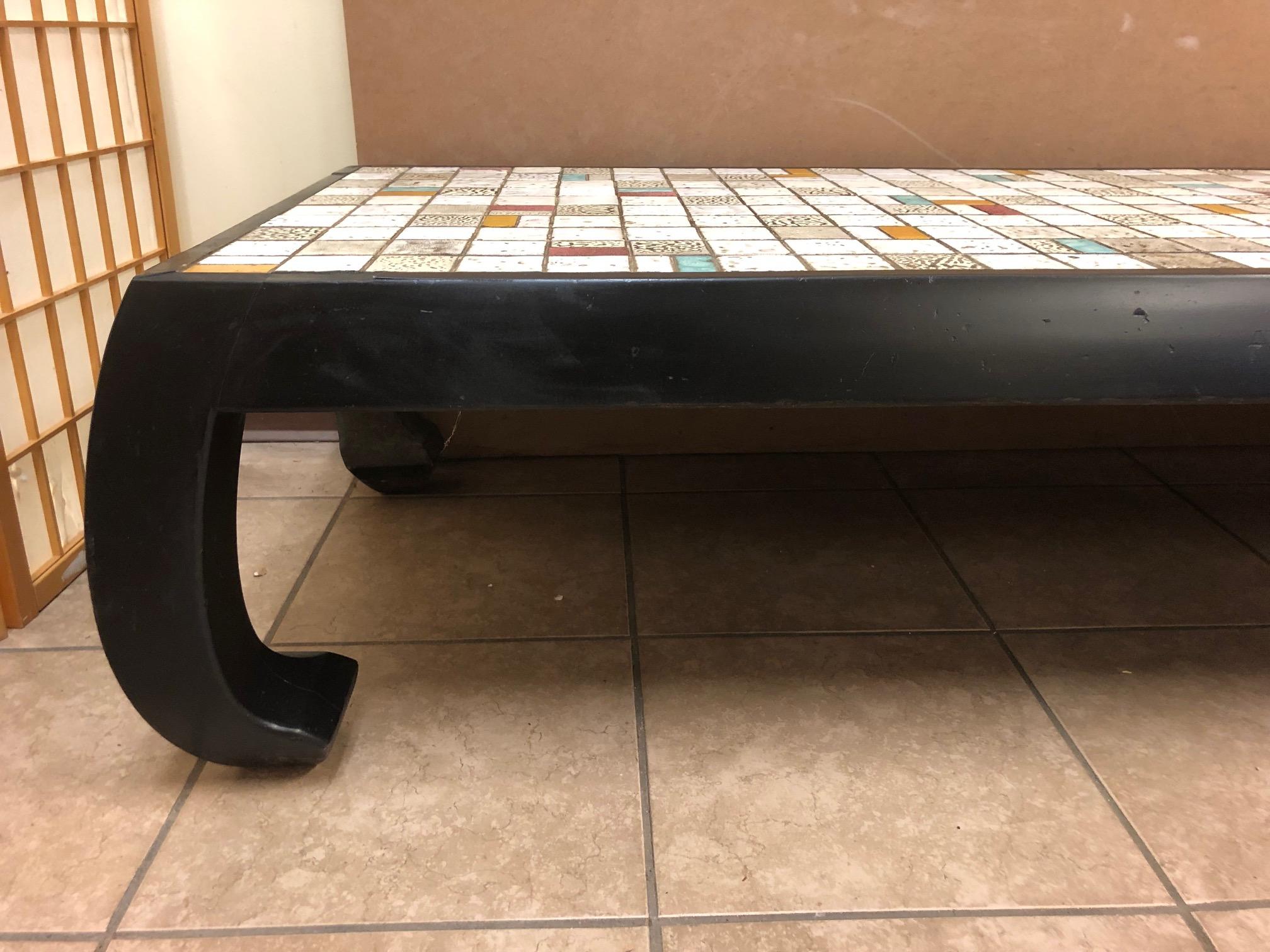 Lacquered Long Tile-Top Asian Style Coffee Table For Sale
