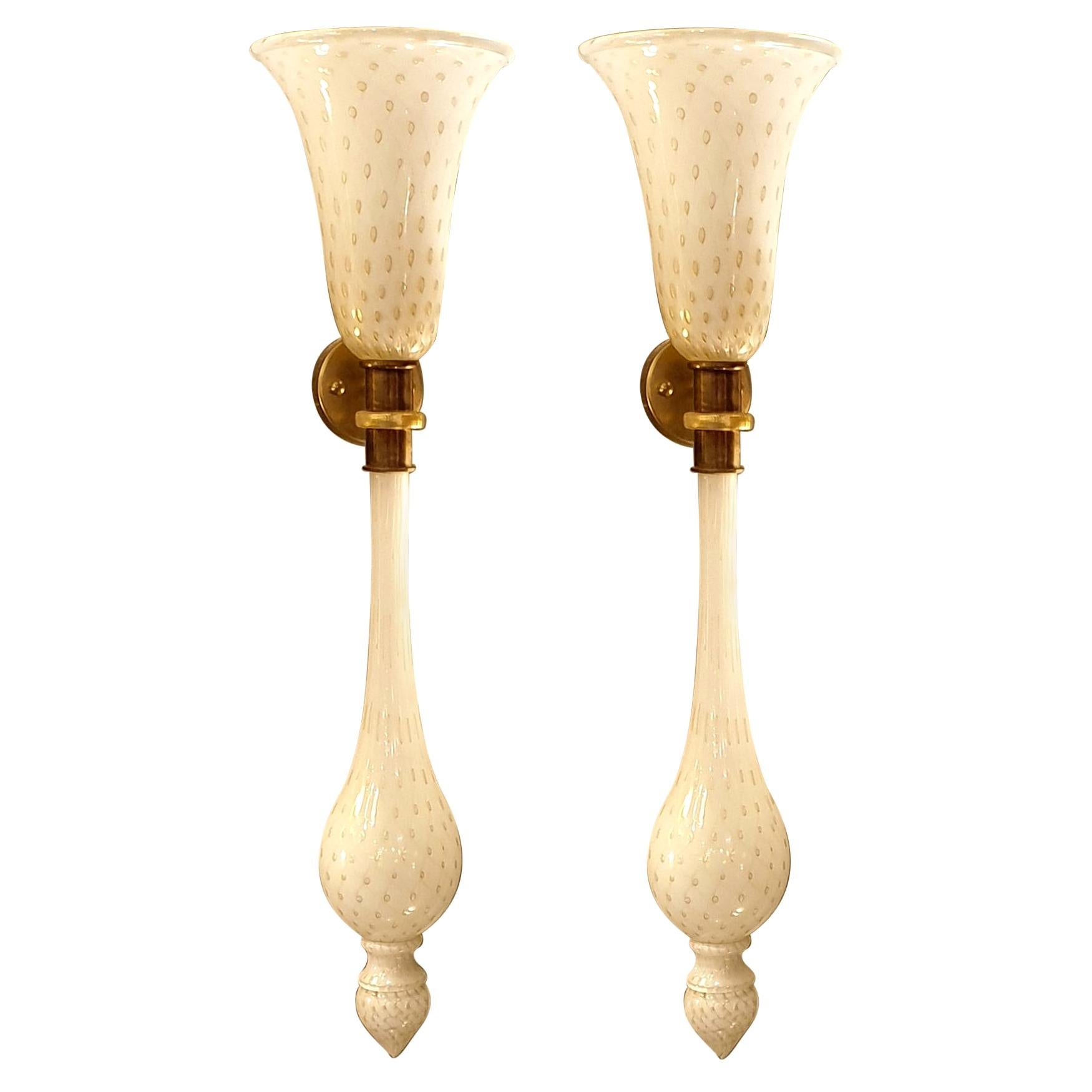Long Torchiere White & Gold Murano Glass Sconces Mid-Century Modern Venini Style