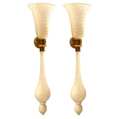 Long Torchiere White & Gold Murano Glass Sconces Mid-Century Modern Venini Style