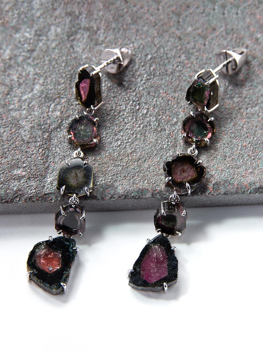 Artisan Long Tourmaline Earrings White Gold Slices Watermelon Gemstone For Sale