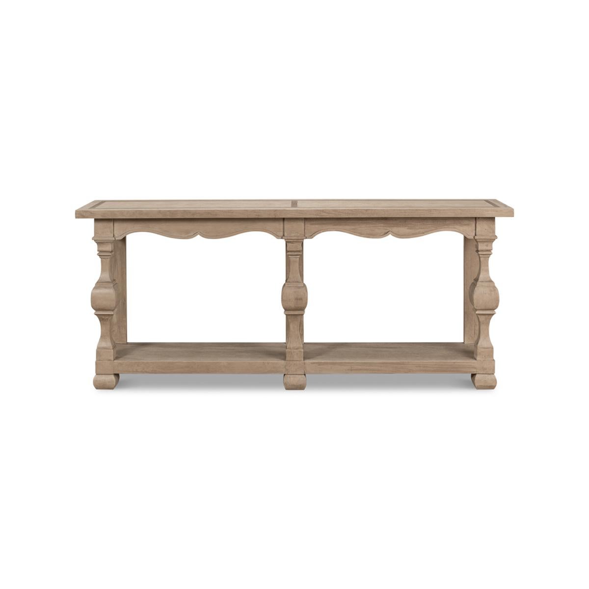 Long Transitional Console Table, made of pine and finished in barn grey. The long rectangular console with a banded top on six legs, the front squared baluster form above a long shelf stretcher base.

Dimensions: 80