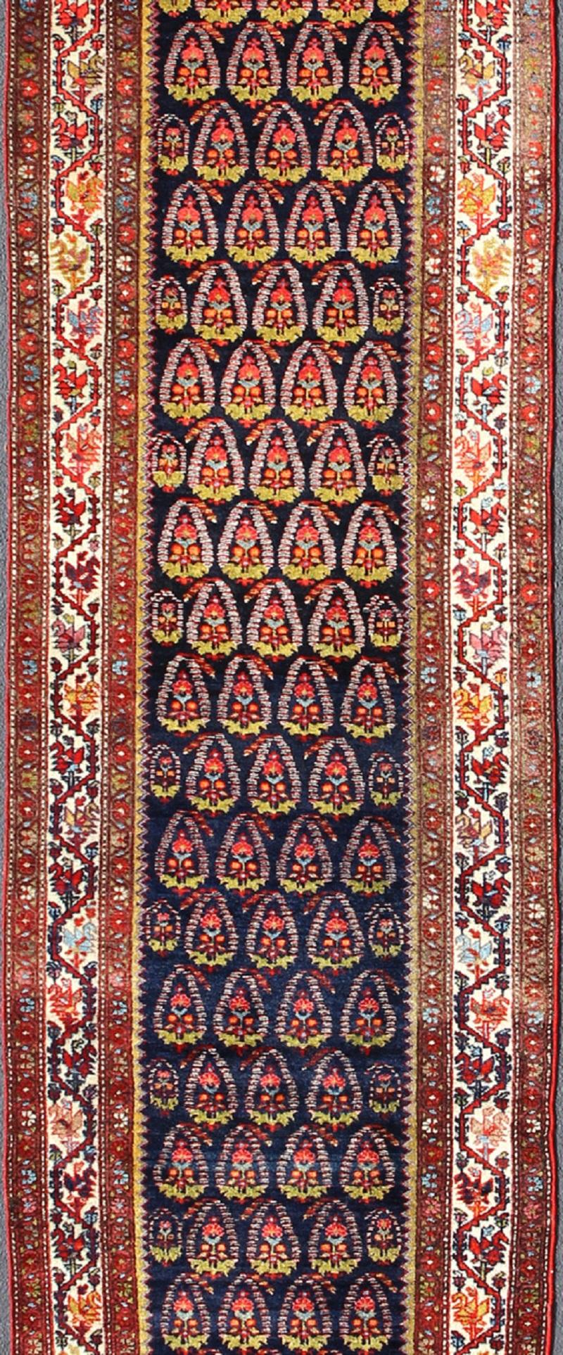 Hand-Knotted Long Tribal Antique Persian Malayer Runner in Blue, Red, Green, Ivory For Sale