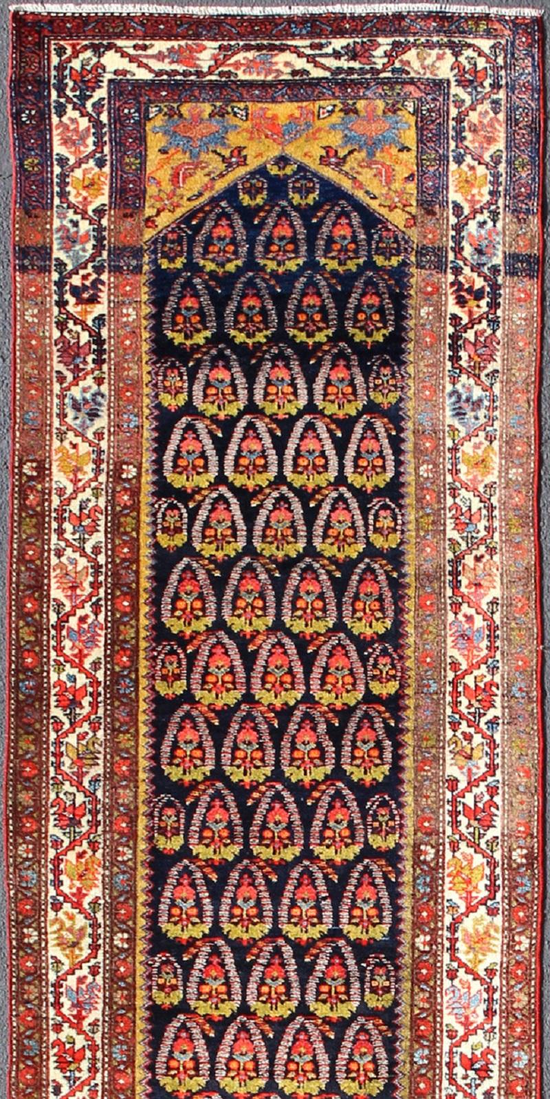 Long Tribal Antique Persian Malayer Runner in Blue, Red, Green, Ivory In Excellent Condition For Sale In Atlanta, GA
