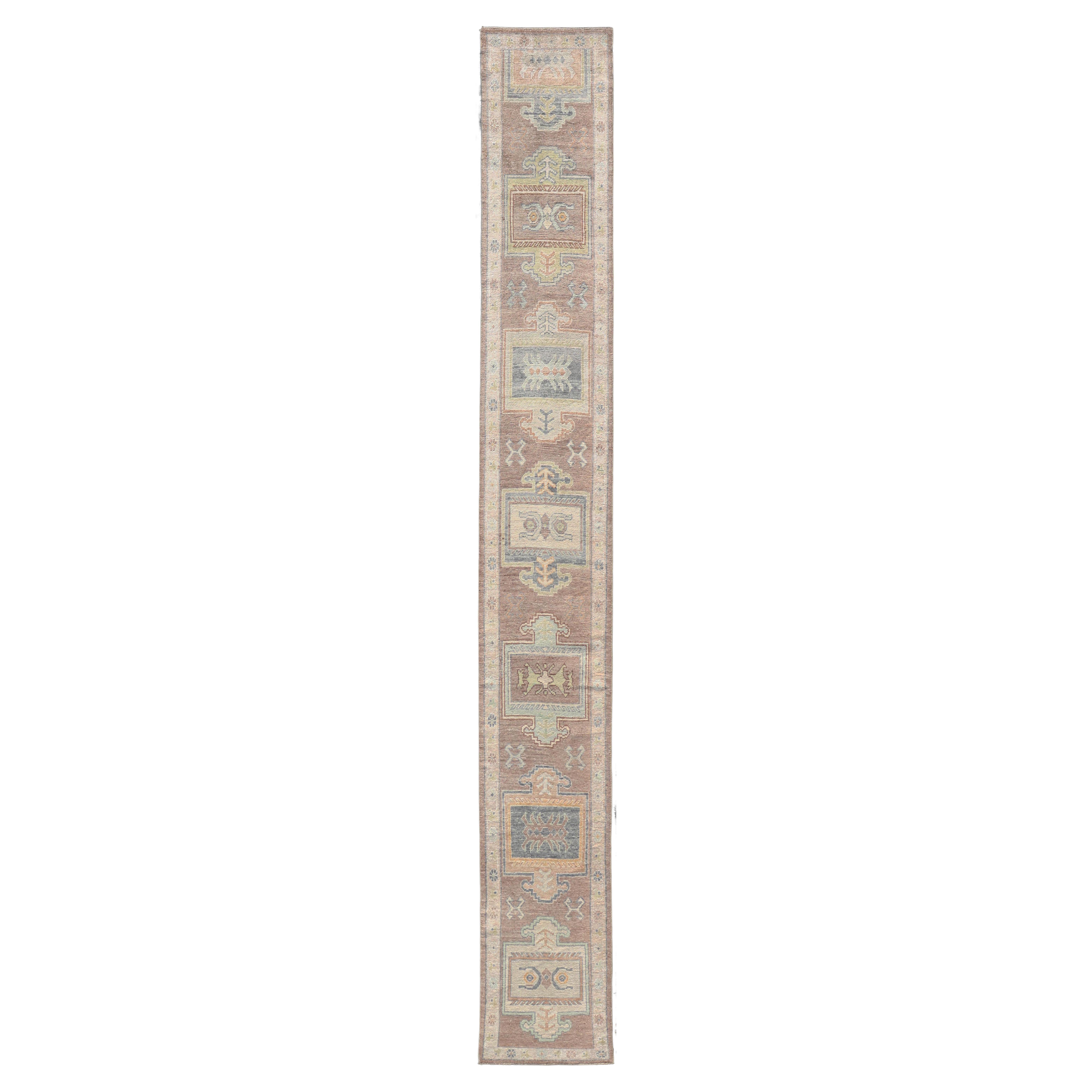 Long Turkish Oushak Runner in Pale Taupe with Blue and Soft Green Motifs