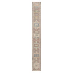 Long Turkish Oushak Runner in Pale Taupe with Blue and Soft Green Motifs