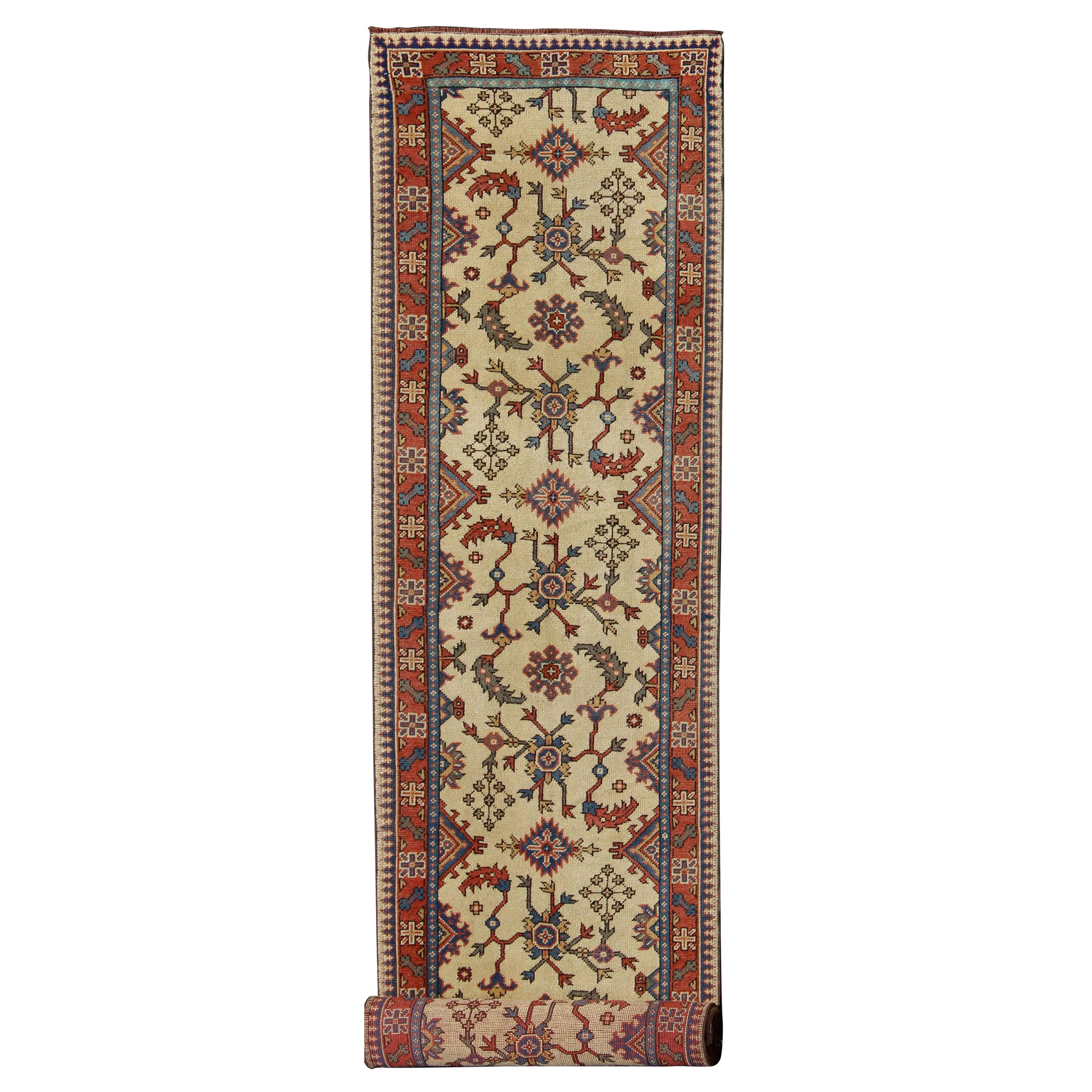 Long Turkish Oushak Runner with All-Over Design in Cream, Coral Red and Blue For Sale
