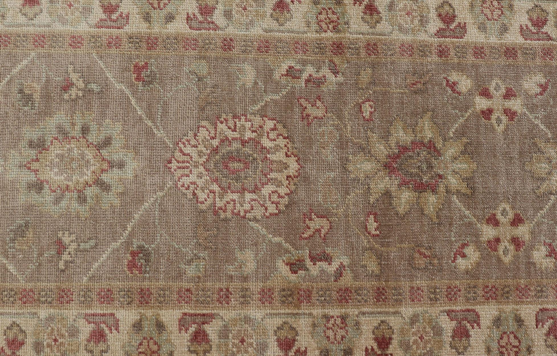 Long Turkish Oushak Runner with All-Over Design in Light Brown, Tan & Red For Sale 5