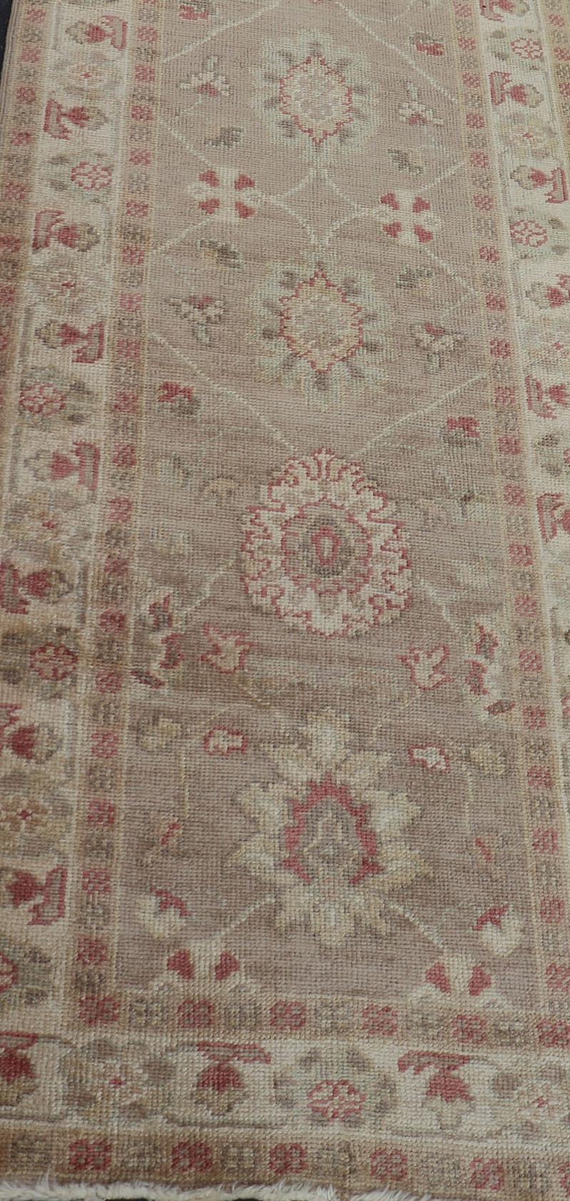 Long Turkish Oushak Runner with All-Over Design in Light Brown, Tan & Red For Sale 6