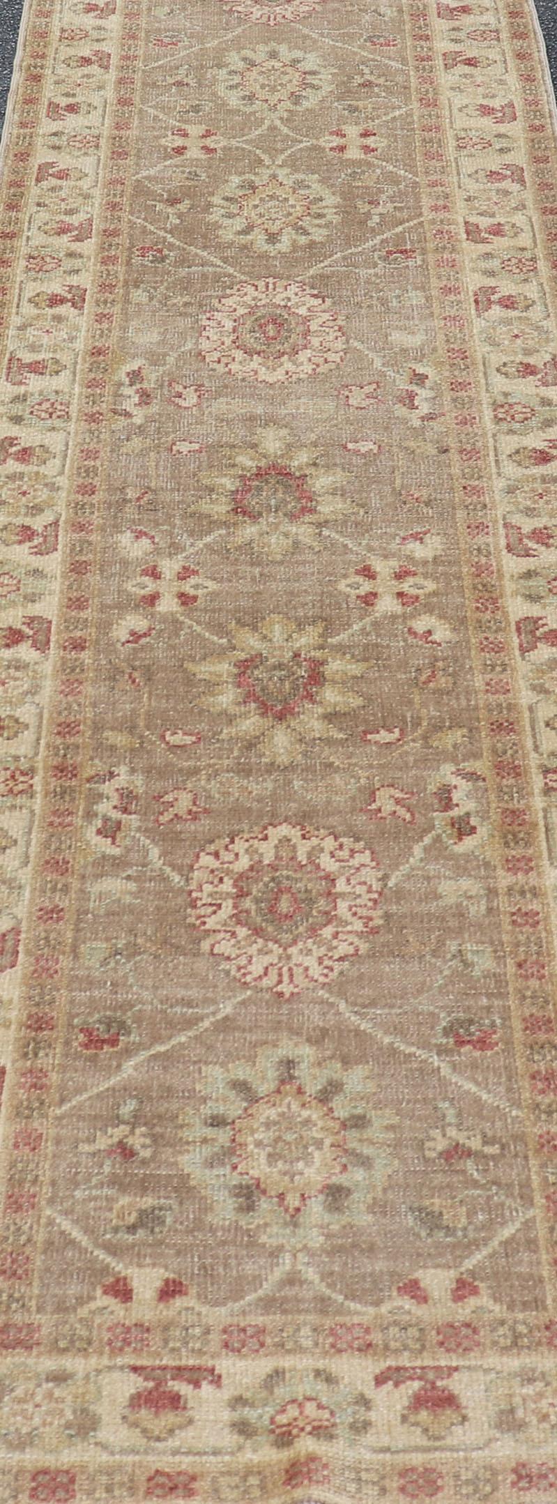 Long Turkish Oushak Runner with All-Over Design in Light Brown, Tan & Red For Sale 7