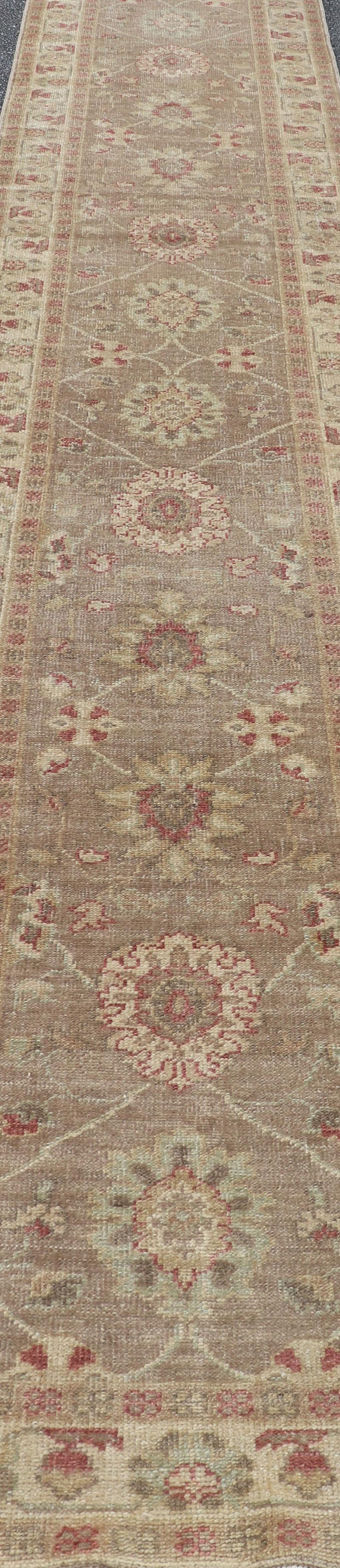 Long Turkish Oushak Runner with All-Over Design in Light Brown, Tan & Red For Sale 8