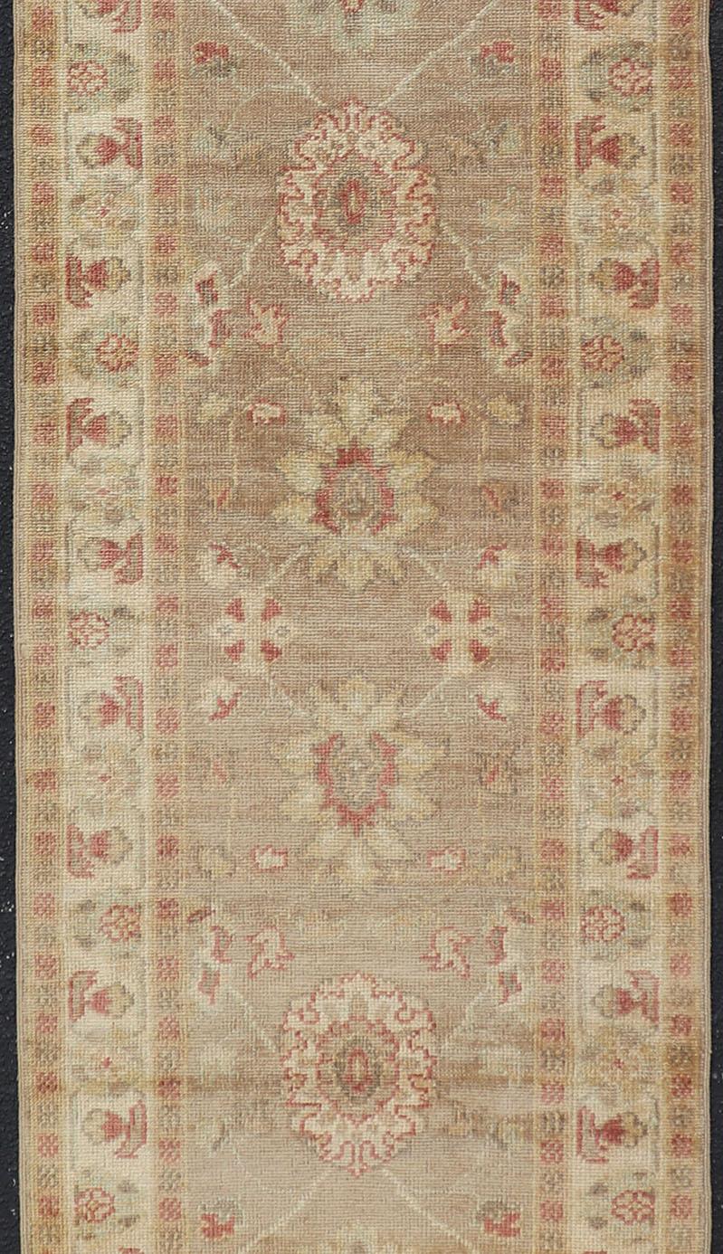 Long Turkish Oushak Runner with All-Over Design in Light Brown, Tan & Red In Good Condition For Sale In Atlanta, GA