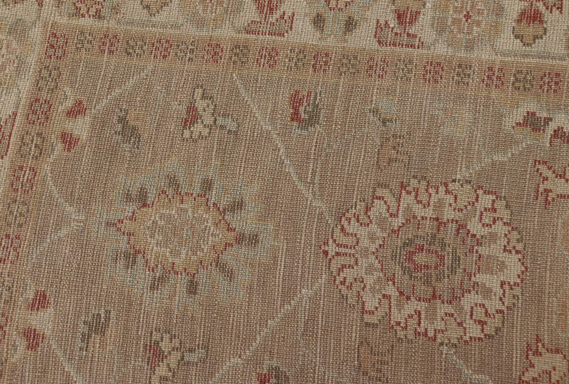 Wool Long Turkish Oushak Runner with All-Over Design in Light Brown, Tan & Red For Sale
